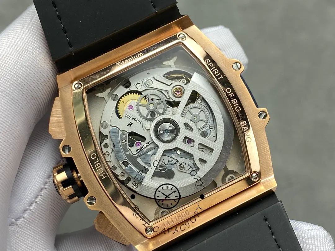 Caseback view of Hublot 601.OX.7180.LR showing the exhibition window and rotor design.