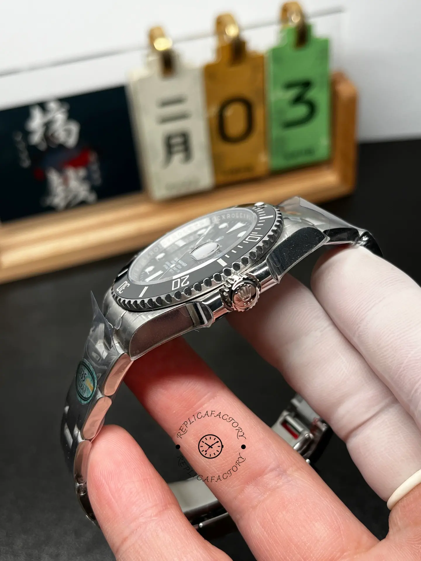 Side view of Rolex Submariner 126610LN 0001 highlighting the screw-down crown and bezel edge.