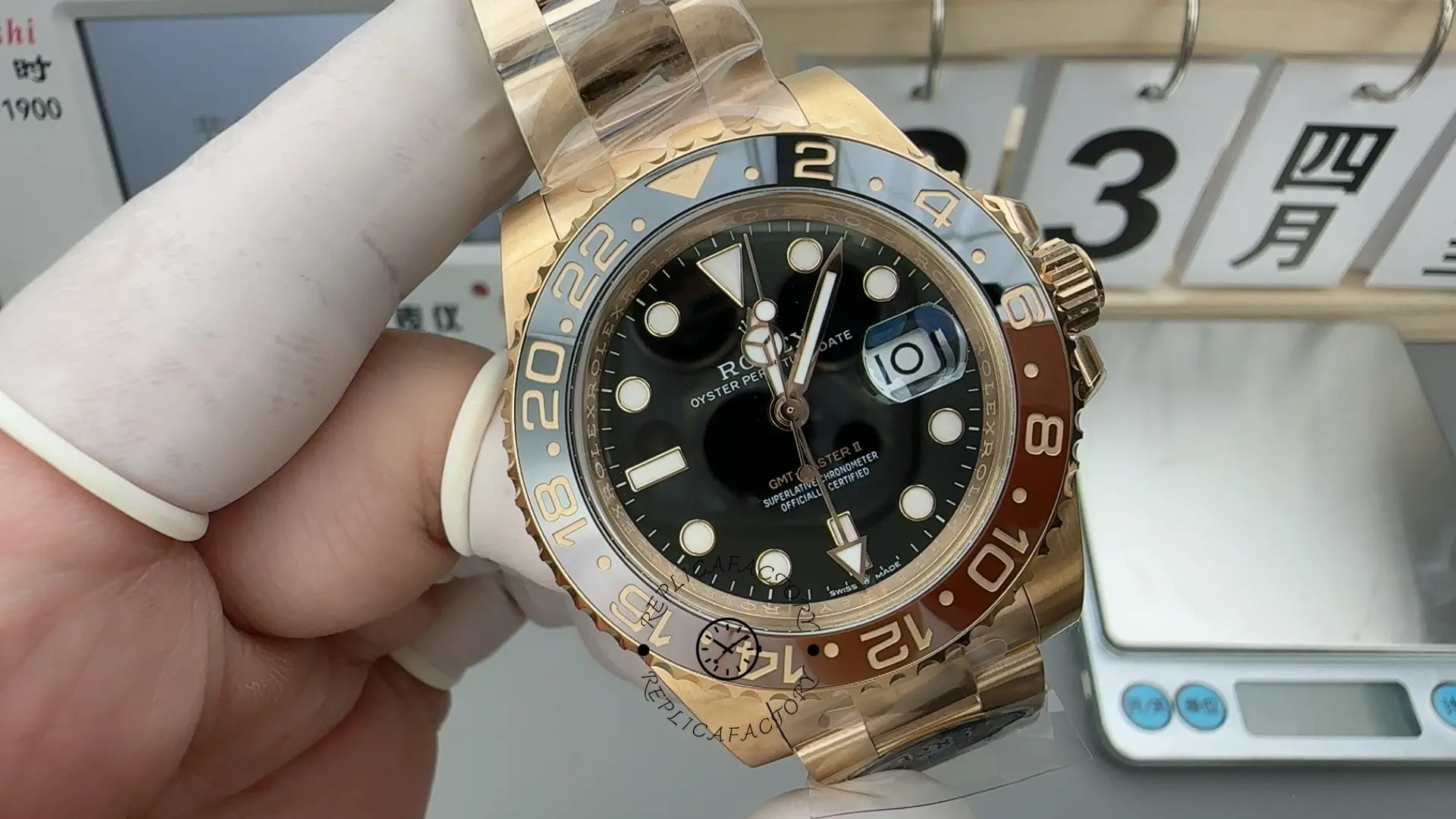 Angled view of Rolex 126715CHNR showing Everose case and polished lugs