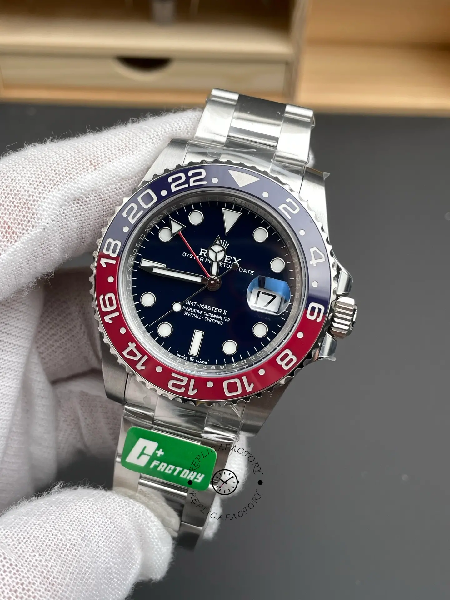 Angled front view of Rolex GMT-Master II 126719BLRO with blue sunray dial and red-blue 24-hour bezel.