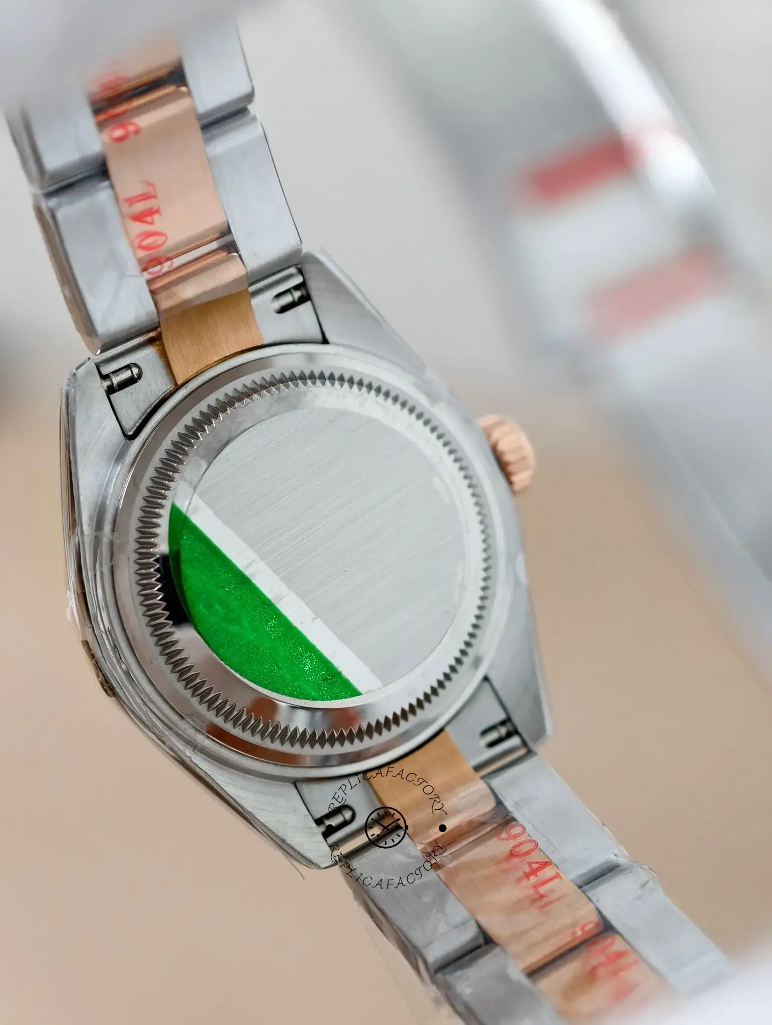 Case back view of Rolex Lady-Datejust 279381RBR-0028 showing solid screw-down back and bracelet attachment.