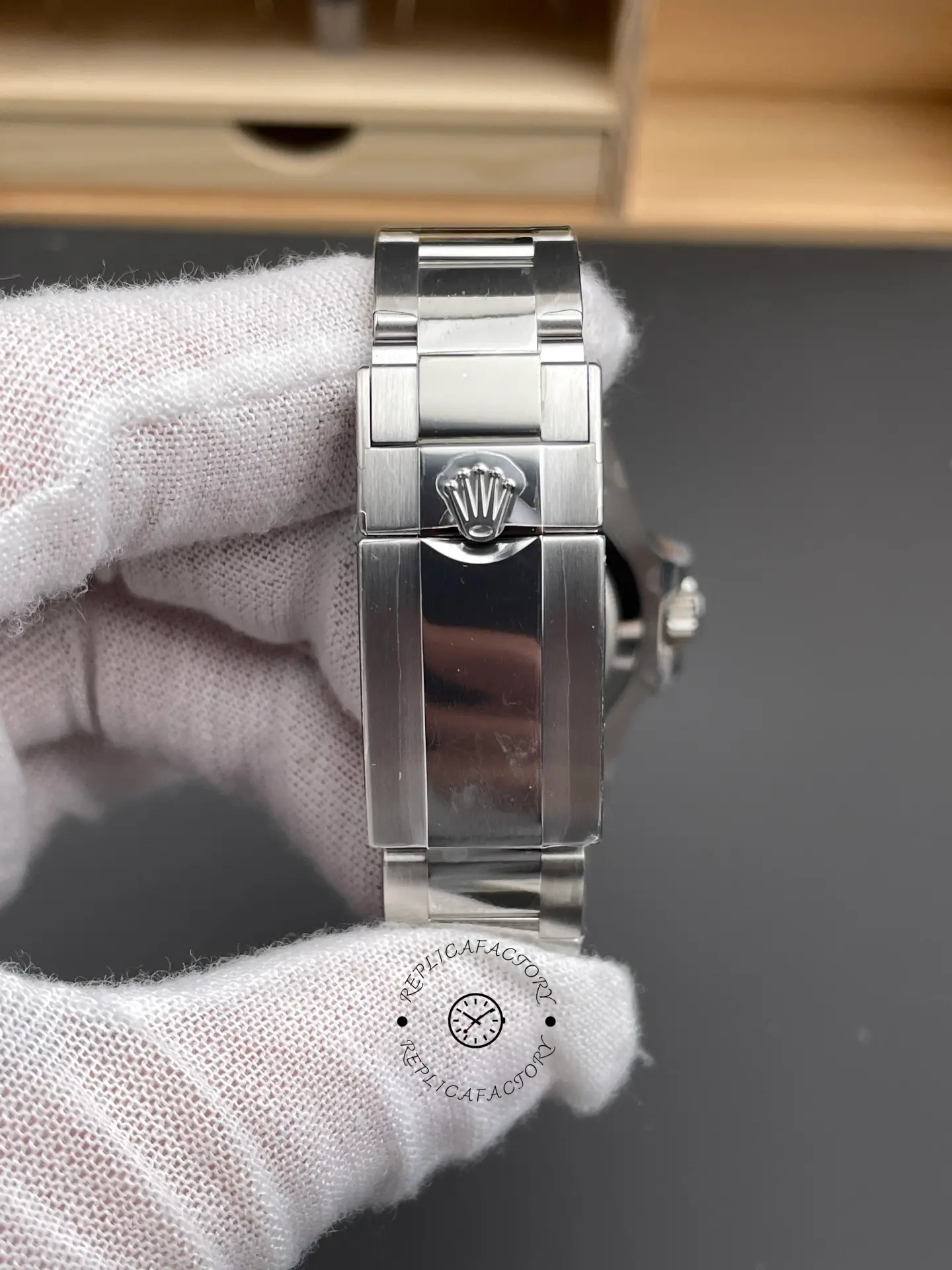 Clasp close-up of Rolex GMT-Master II 126719BLRO showing the Oyster clasp with Rolex crown emblem.