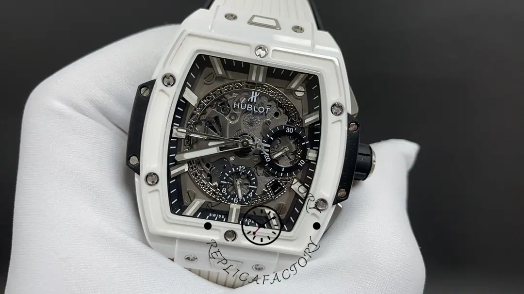 Angled front view of Hublot Spirit of Big Bang 642.HX.0170.RX showing bezel screws and crystal reflections.