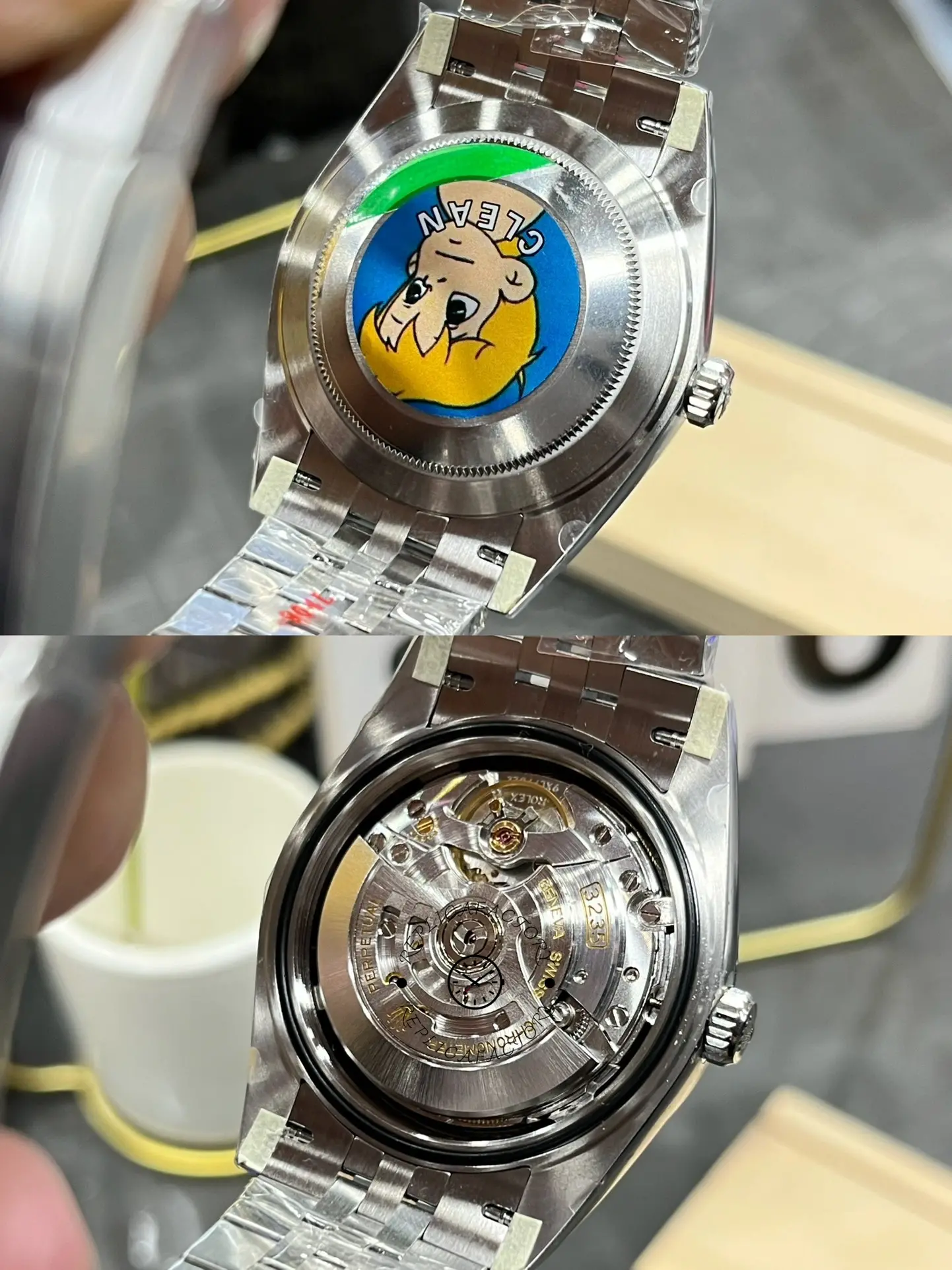 Caseback comparison view of Rolex Datejust 126334-0022 showing closed back and opened movement display.
