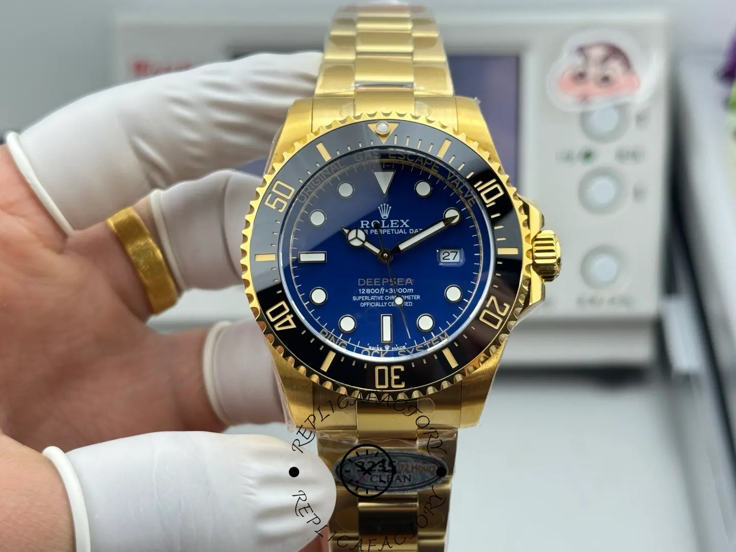 Straight-on wrist-display shot of Rolex Deepsea 136668 with blue dial, black ceramic-style bezel, and date at 3 o’clock.