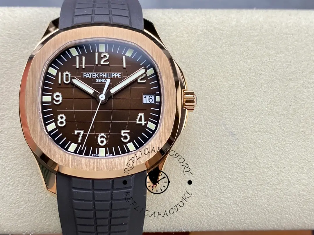 Front close-up of Patek Philippe Aquanaut 5167R-001 showing brown dial and rose-gold bezel.