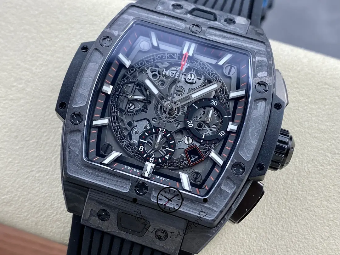 Close-up of Hublot 642.CI.0170.RX focusing on bezel screws and skeleton dial details.
