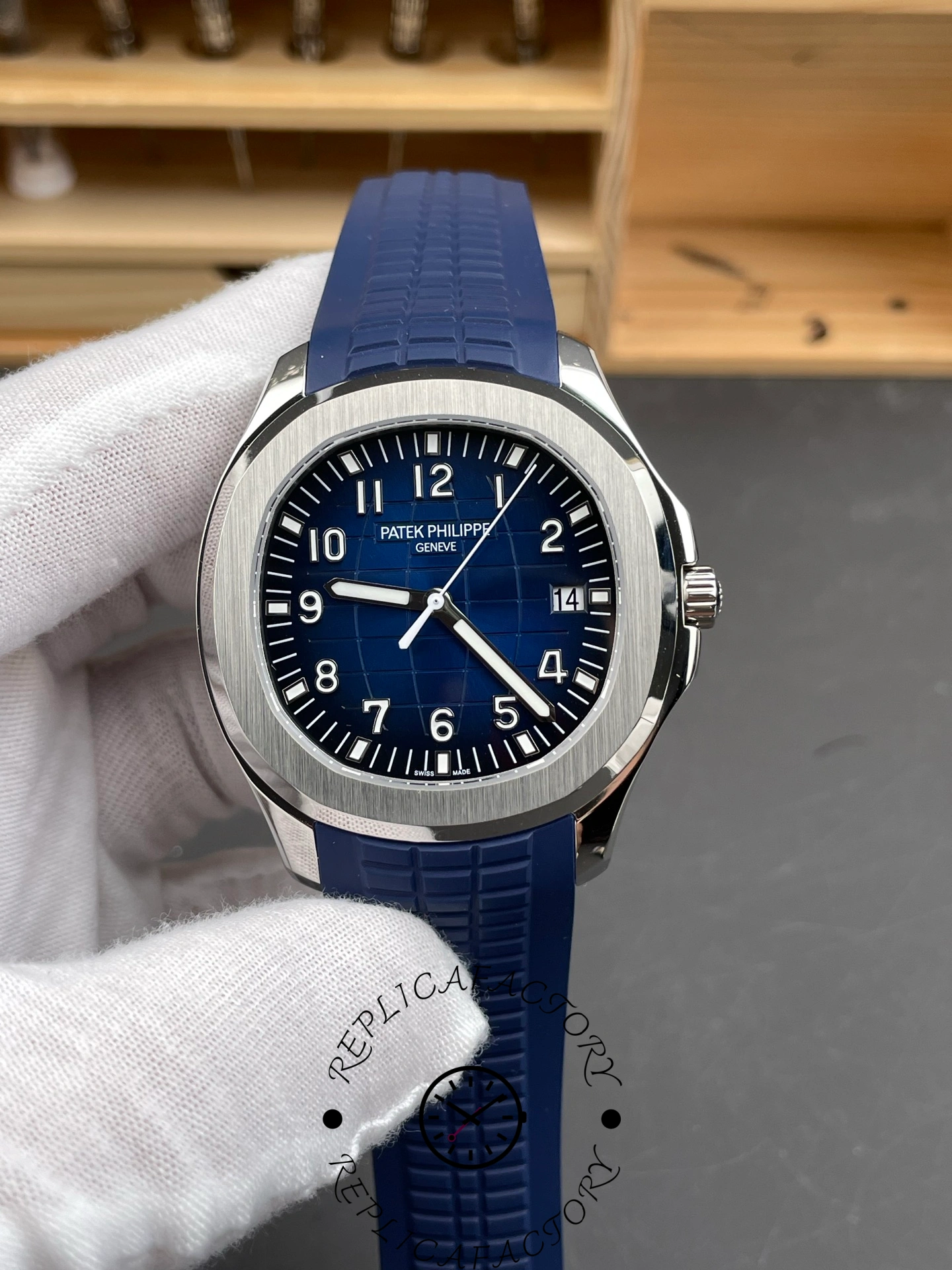 Front view of Patek Philippe 5168G-001 1:1 clone with blue embossed dial and Arabic numerals.