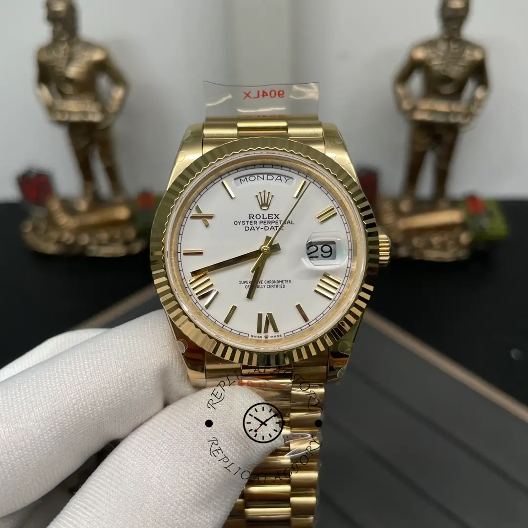 Front view of Rolex Day-Date 228238 against decorative background showing white dial and day window.