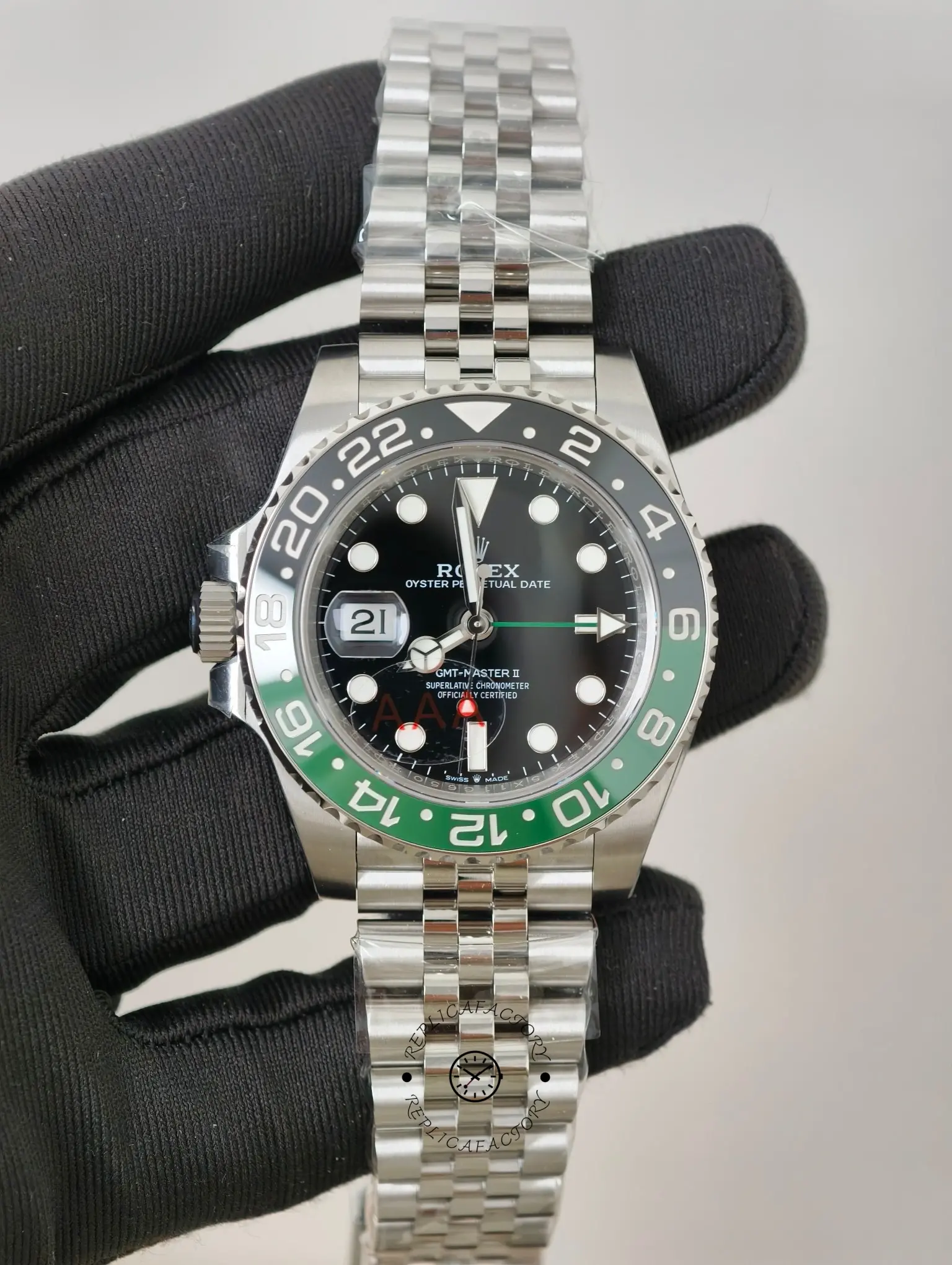 Straight front view of Rolex GMT-Master II 126720VTNR showing the full dial, date window, and bezel layout.