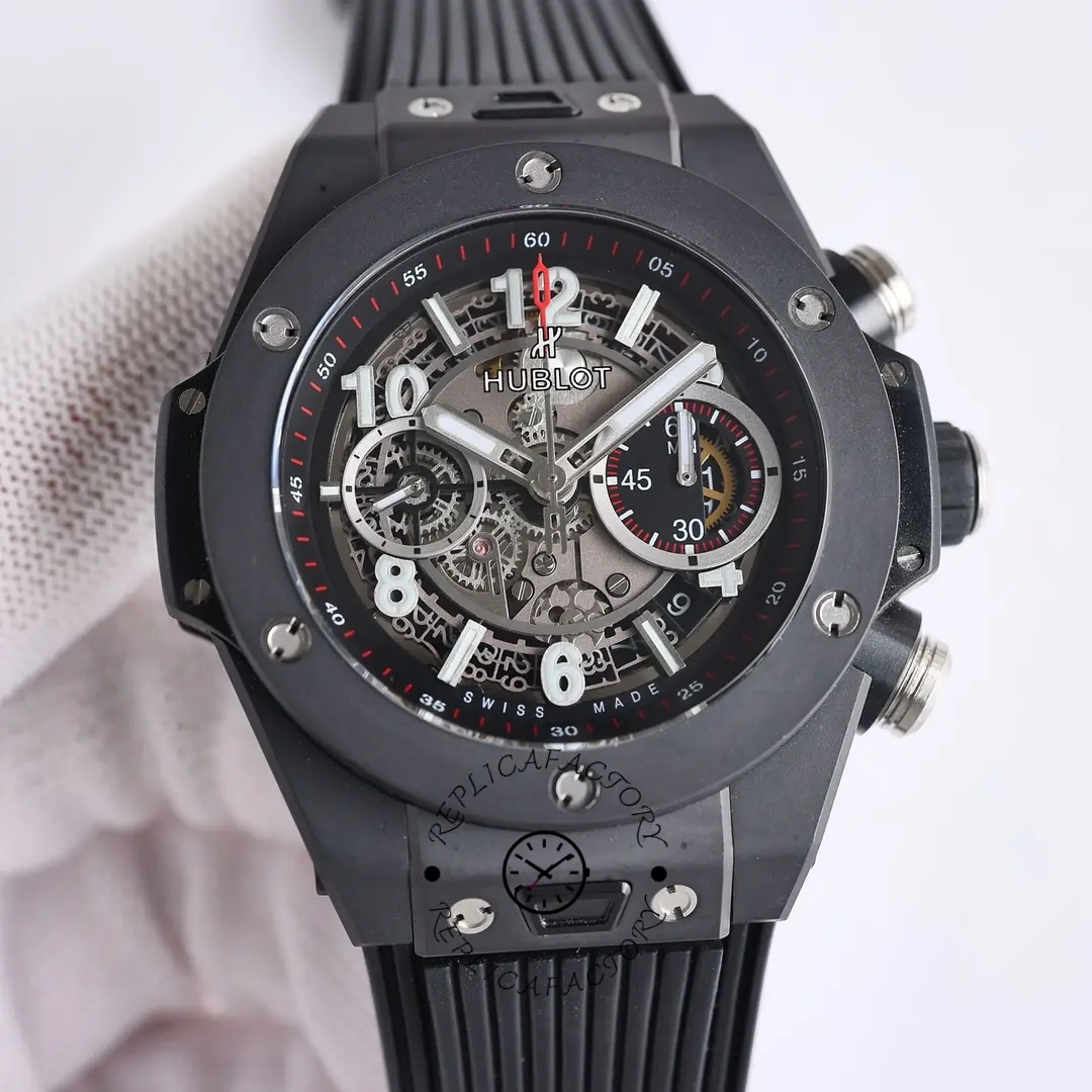 Straight-on dial shot of Hublot 441.CI.1170.RX highlighting applied numerals and two chronograph registers.