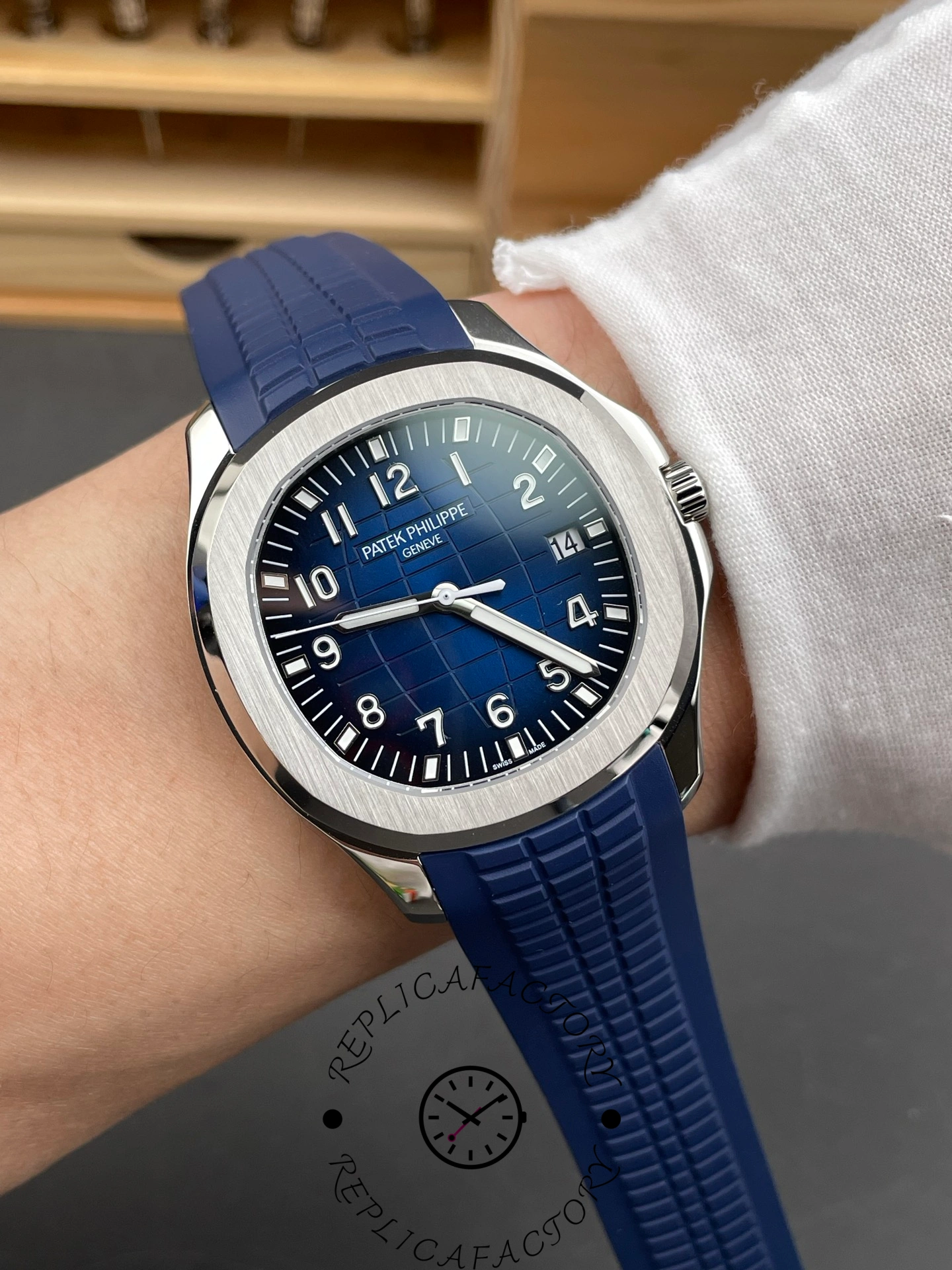 Wrist shot of Patek Philippe 5168G-001 1:1 clone showing fit and sporty luxury appearance.