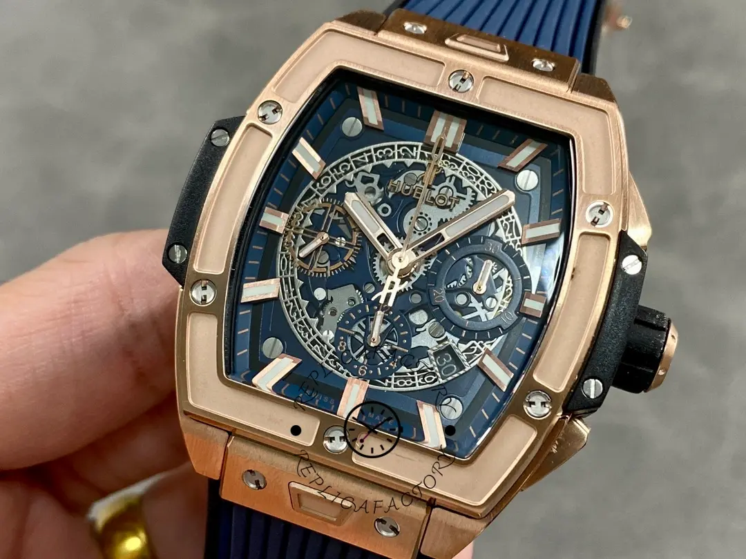 Angled handheld view of Hublot Spirit of Big Bang 642.OX.7180.RX showing bezel screws and dial depth.