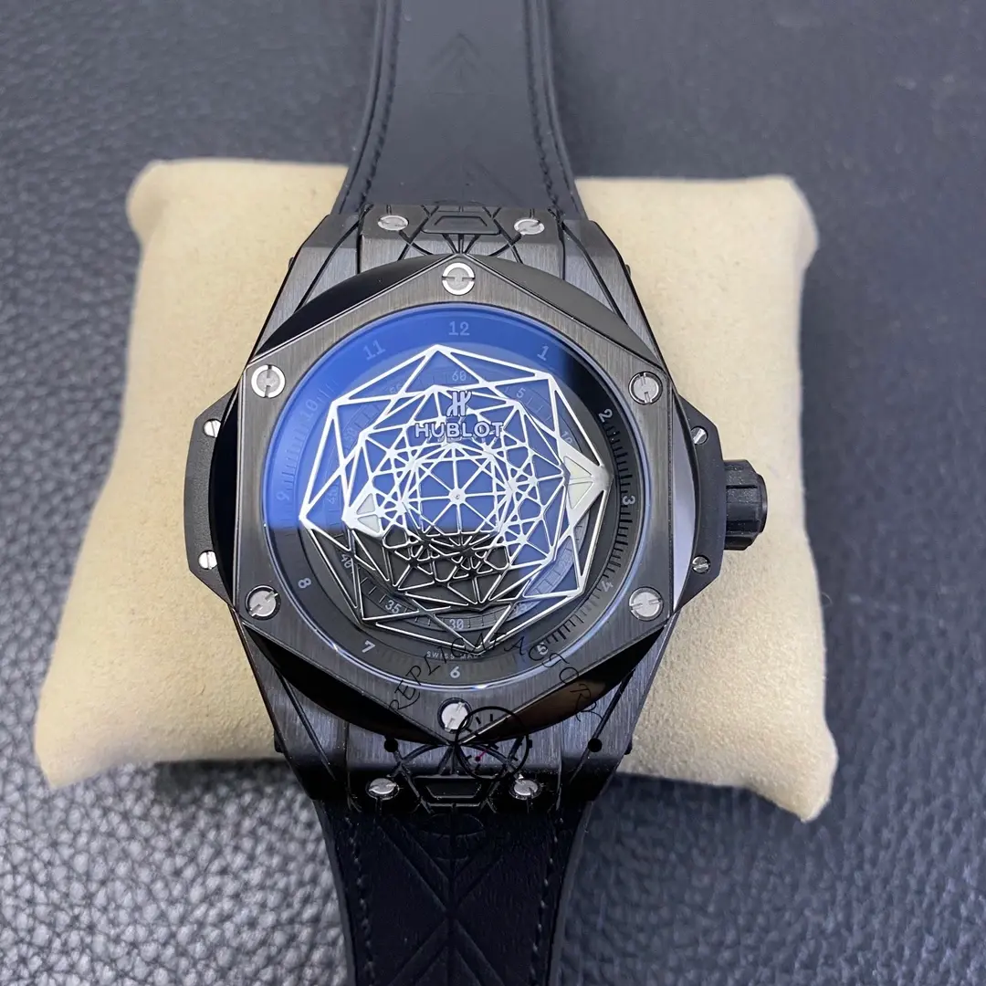 Front shot of Hublot Big Bang 415.CX.1114.VR.MXM17 on cushion, showing the geometric skeleton dial.