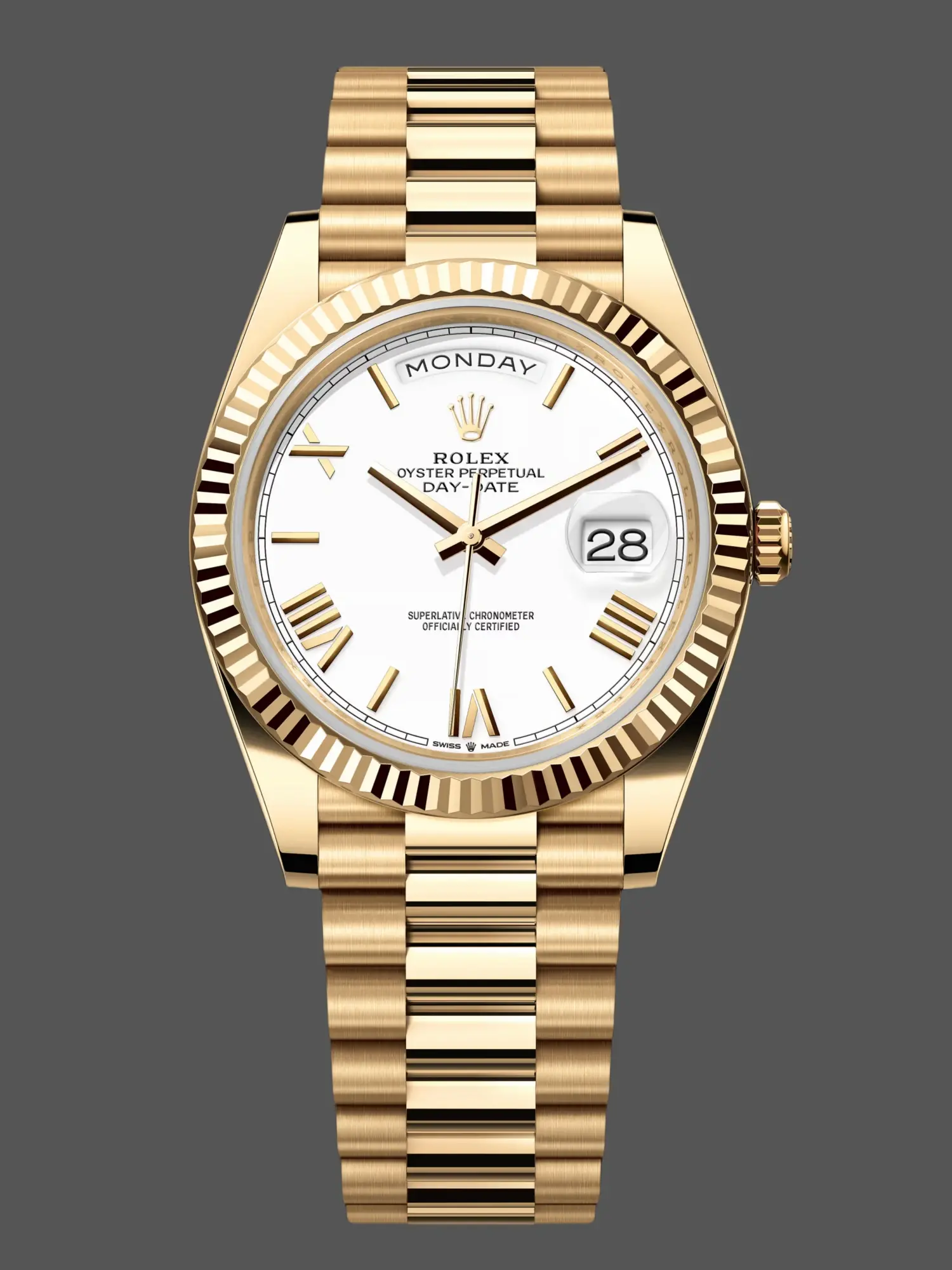 Studio render of Rolex Day-Date 228238 showing white dial, fluted bezel and President bracelet. - Front view