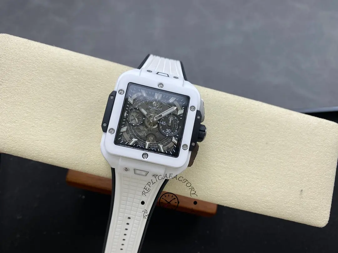 Full watch view of Hublot Spirit of Big Bang 821.HX.0170.RX on cushion, dial centered.