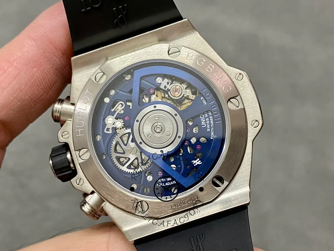 Caseback view of Hublot Big Bang 421.NL.5170.RX showing exhibition back and rotor.