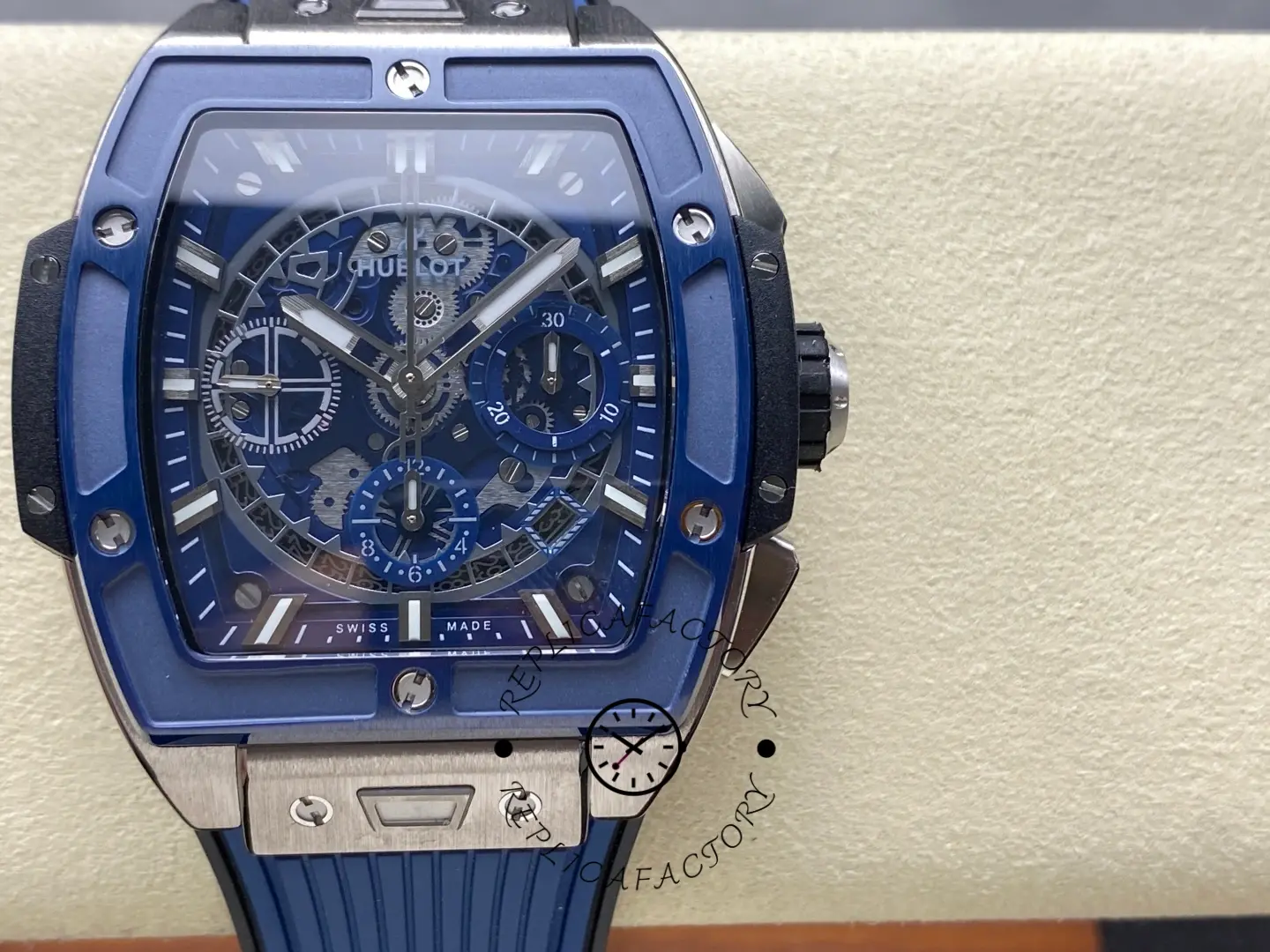 Close-up front of Hublot 642.NL.7170.RX focusing on hands, markers, and blue chronograph ring.
