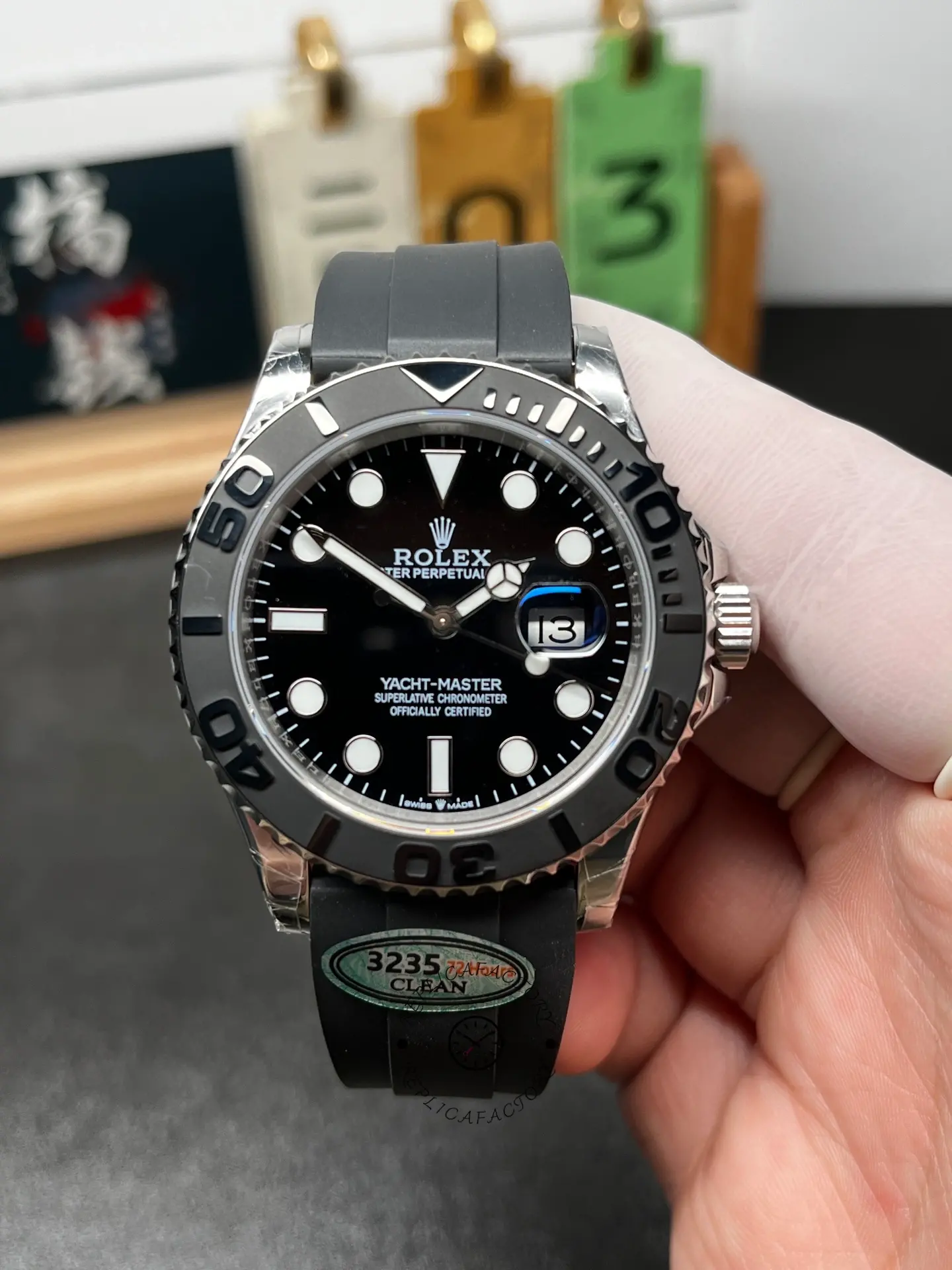Front view of Rolex Yacht-Master 226659 with black dial, date at 3 o’clock, and black Cerachrom bezel.