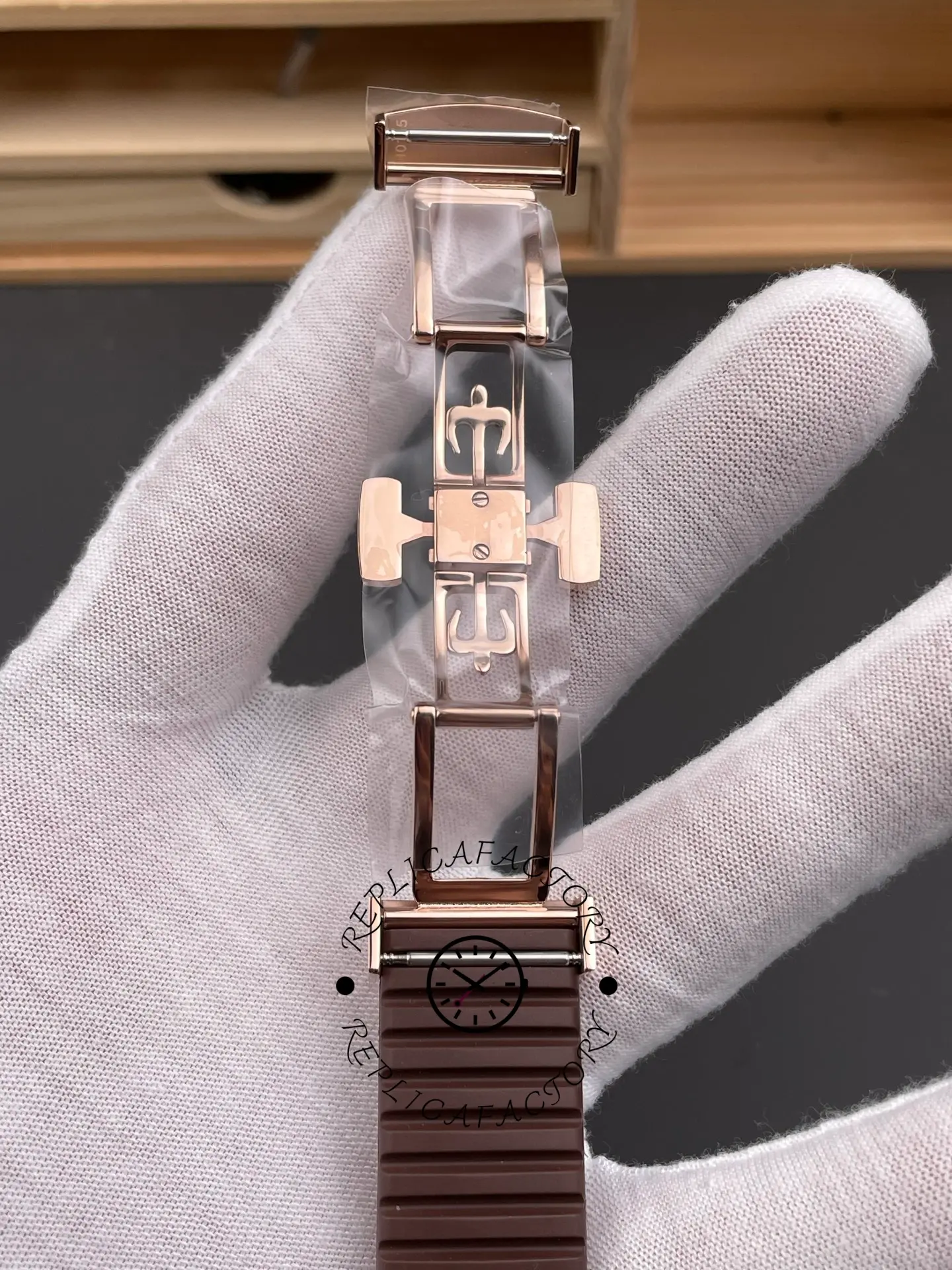 Patek Philippe Aquanaut 5167R-001 deployant clasp open view showing rose gold folding mechanism