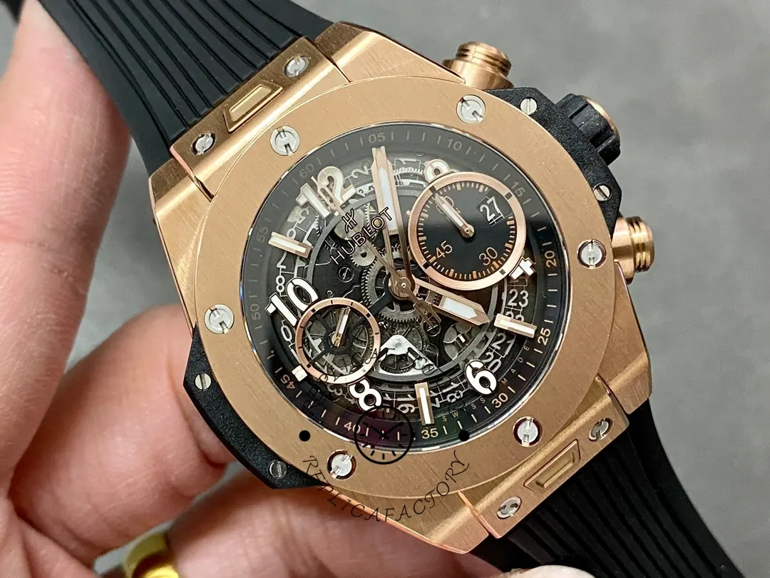 Close-up of Hublot Big Bang 421.NL.5170.RX rose gold case with black skeleton dial.