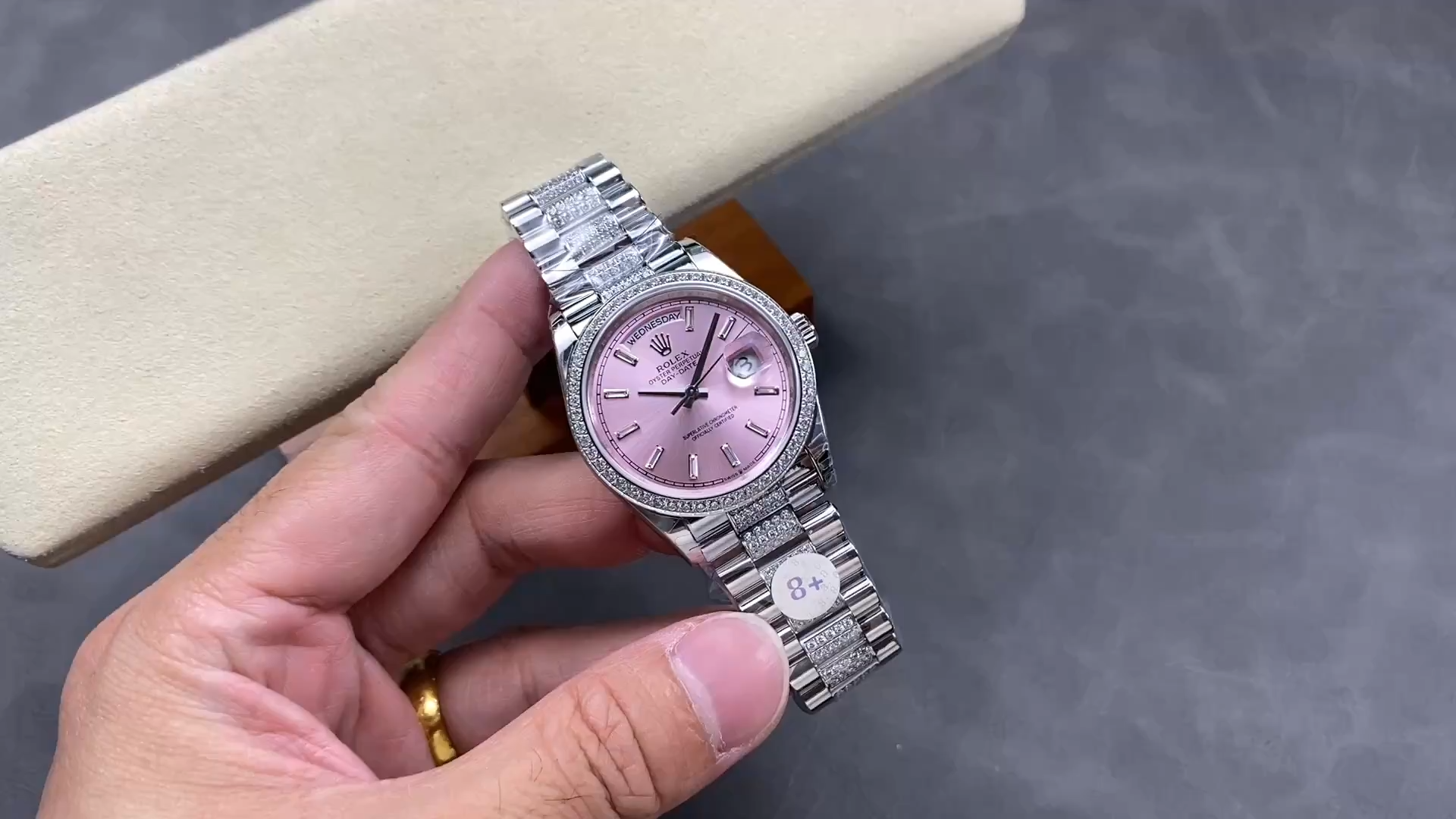 1:1 Clone Rolex Day-Date 36 White Gold 128349RBR 0054 Pink Dial - Video