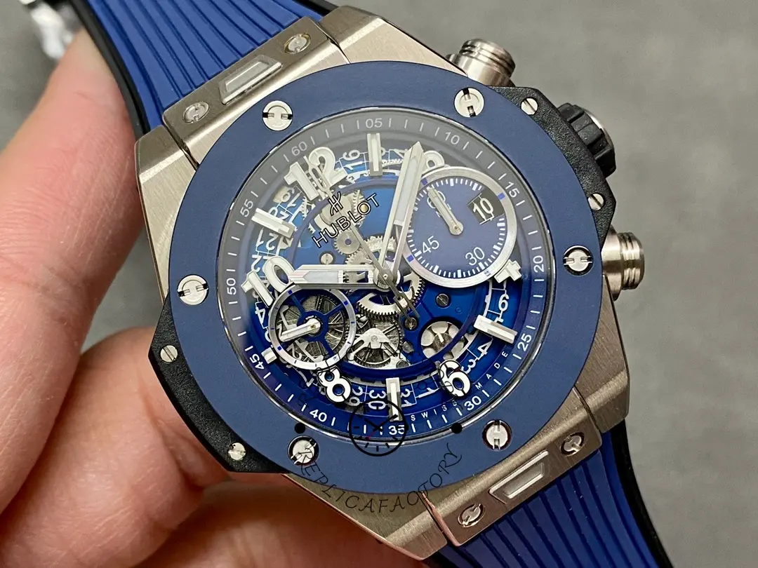 Close-up of Hublot Big Bang 421.NL.5170.RX blue dial showing chronograph movement details.