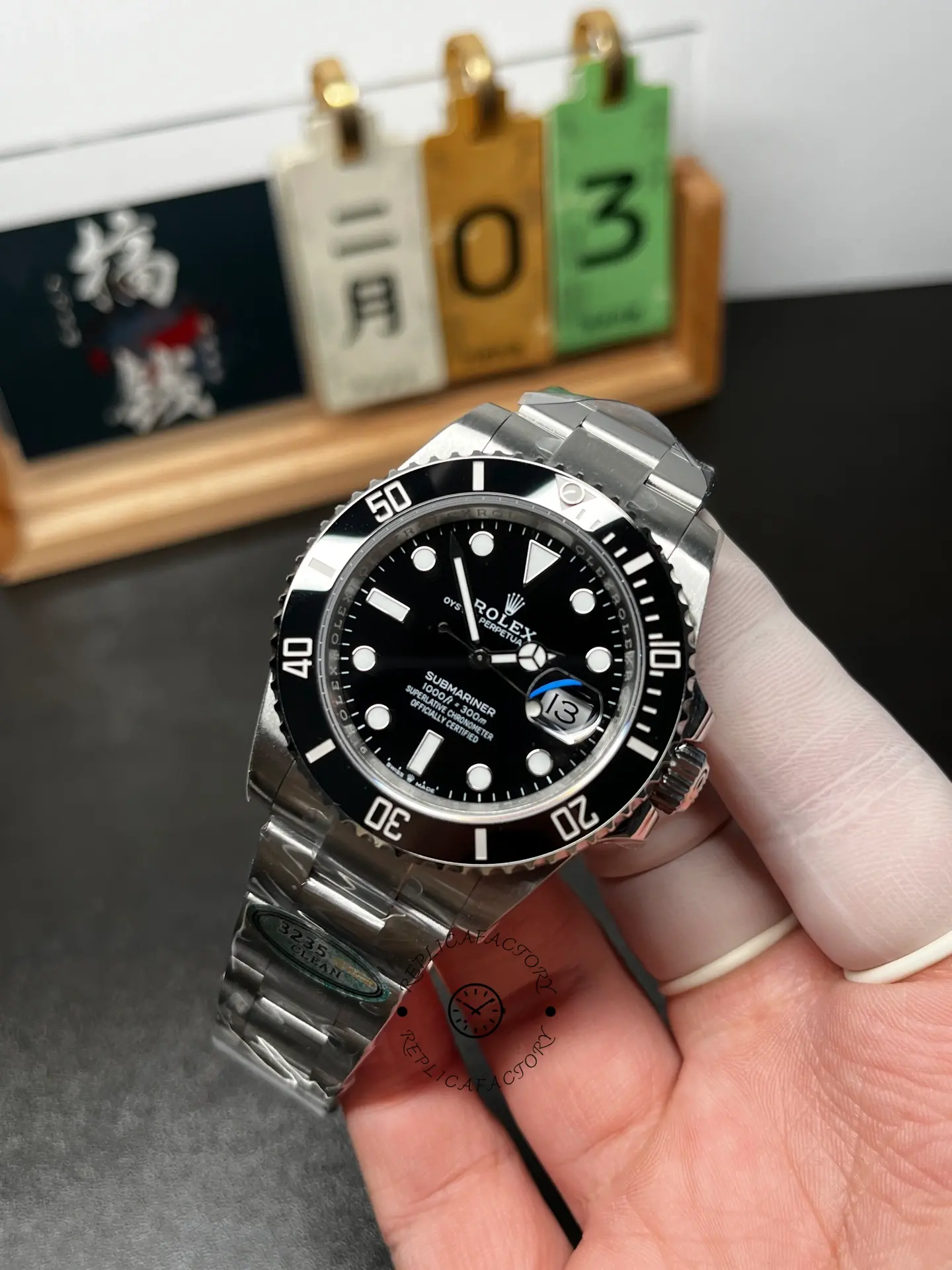 Angled full view of Rolex Submariner 126610LN 0001 with black dial, black bezel, and date window.
