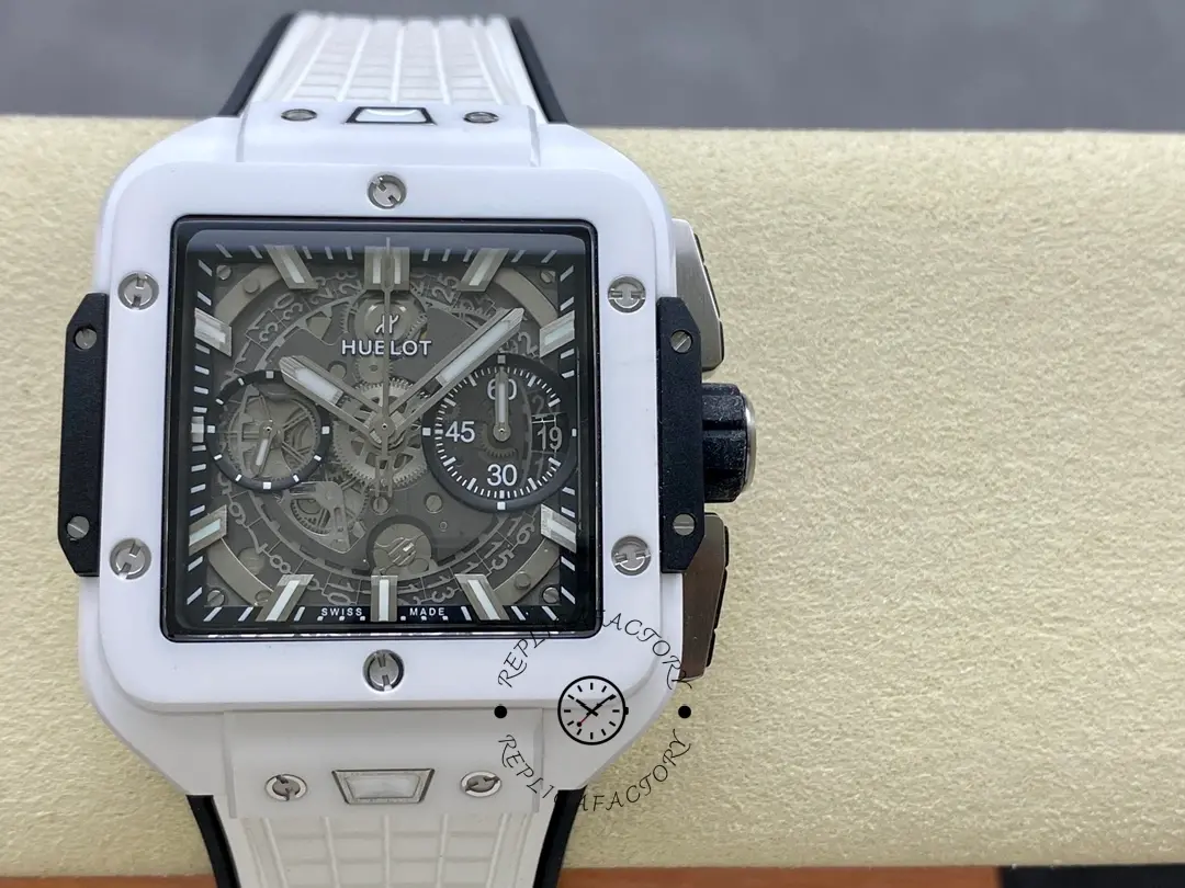 Front view of Hublot Spirit of Big Bang 821.HX.0170.RX, white case with skeleton chronograph dial.