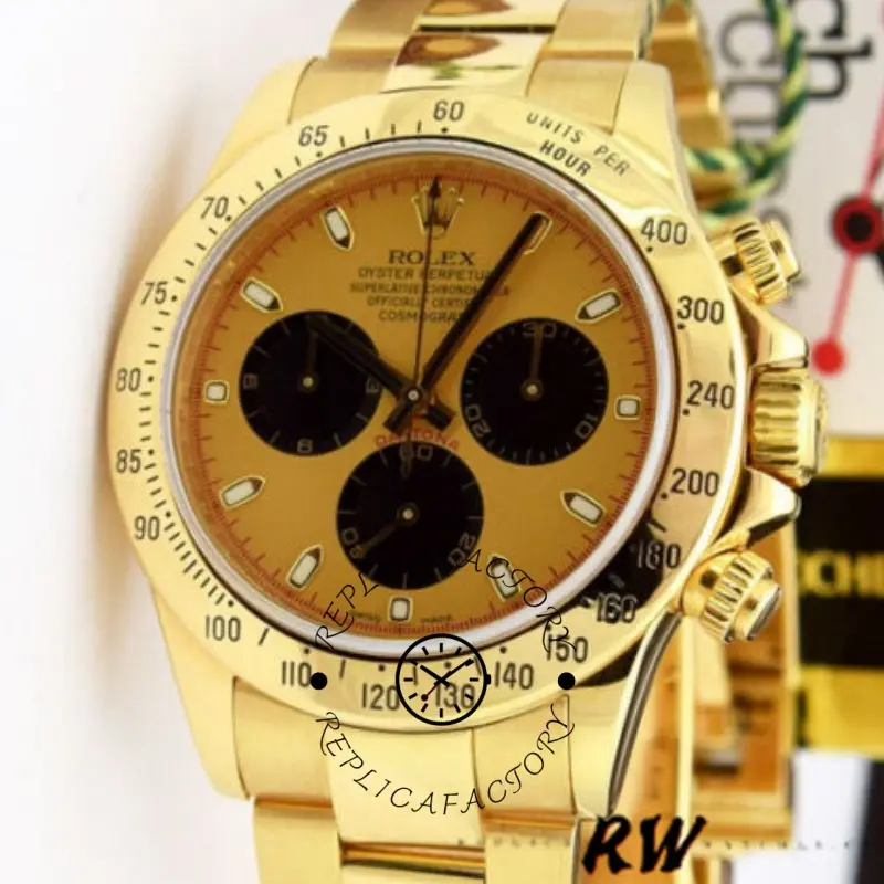 RW render close front view of the Rolex Daytona 116528 40mm showing champagne dial and tachymeter bezel.