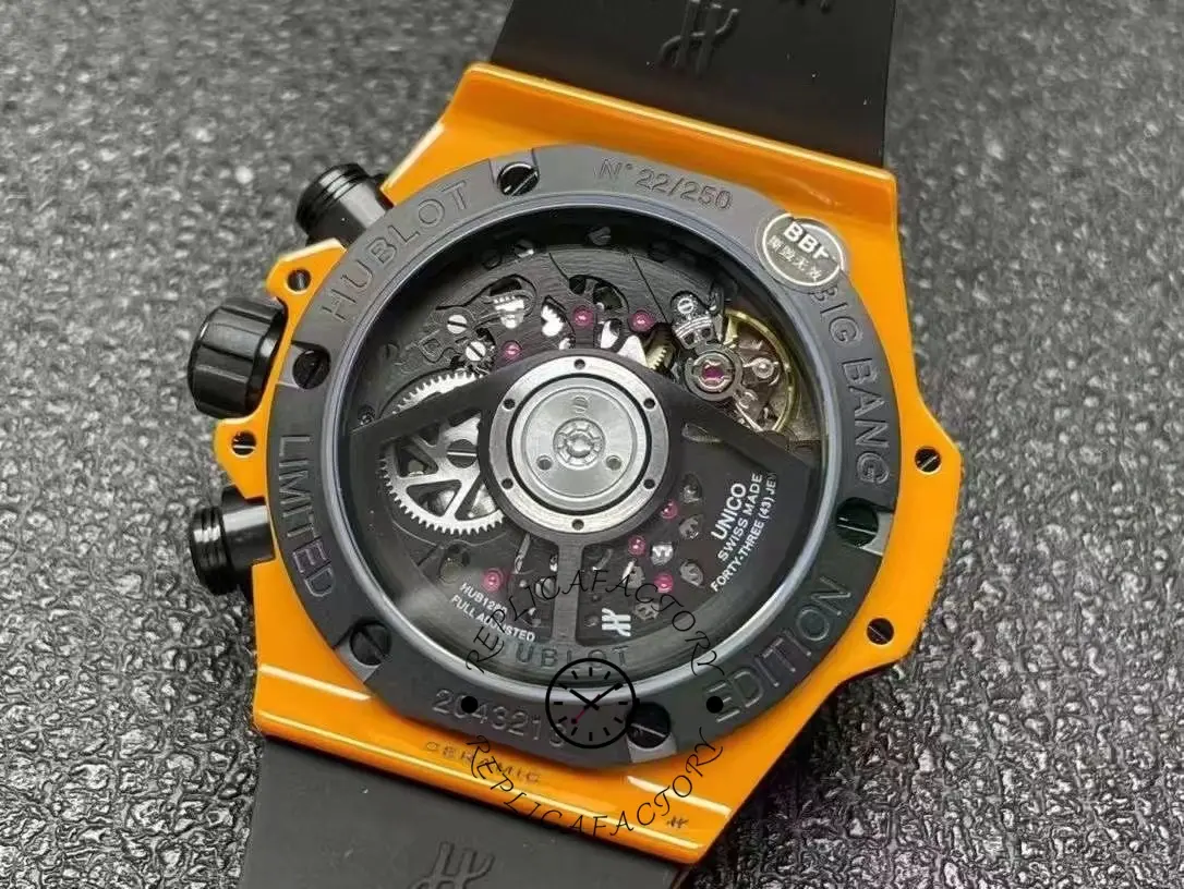 Caseback close-up of Hublot Big Bang Unico 441.CU.5910.RX, transparent back with rotor visible.