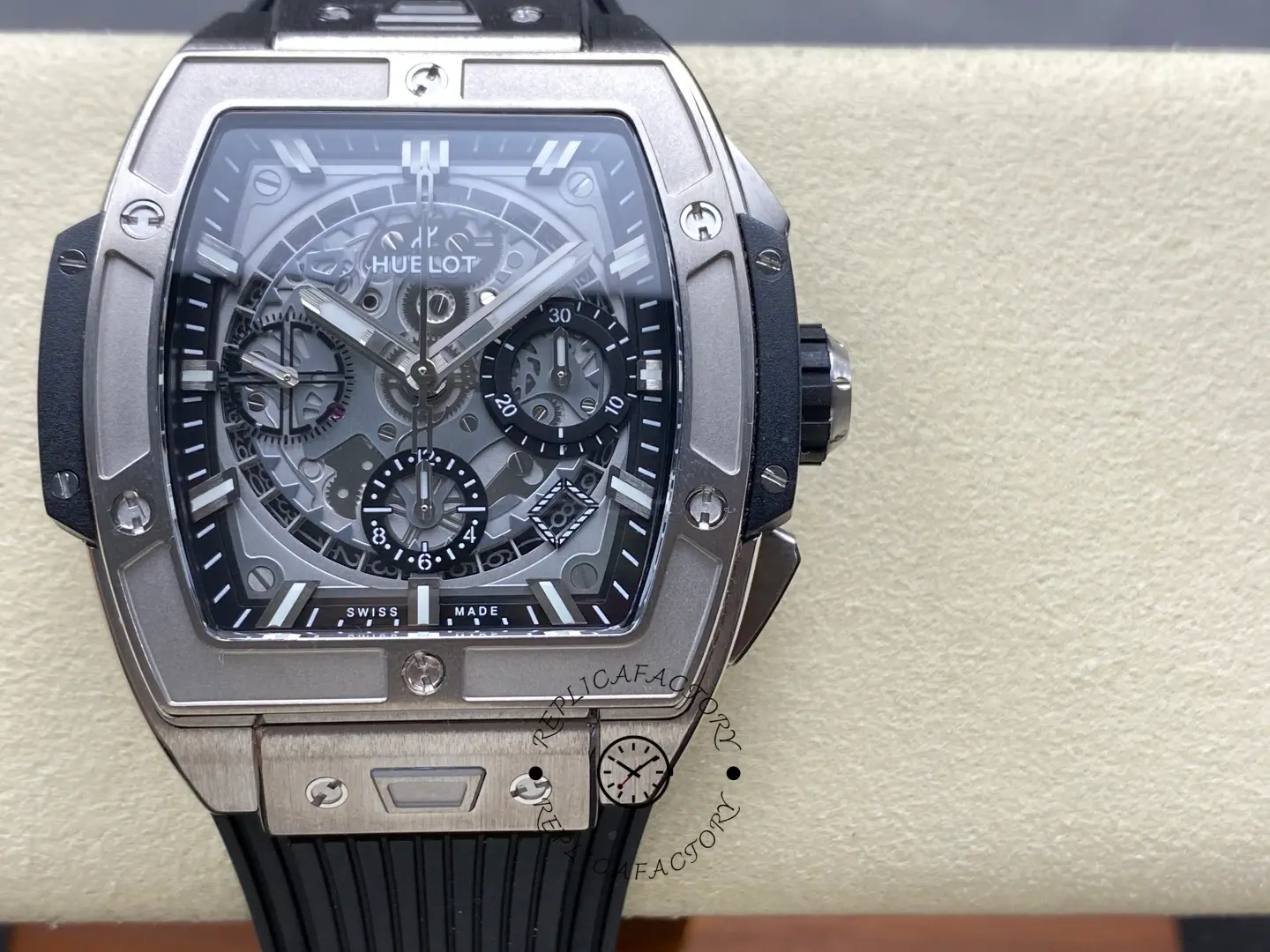 Close-up front of Hublot Spirit of Big Bang 642.NX.0170.RX showing tonneau case and skeleton dial details.