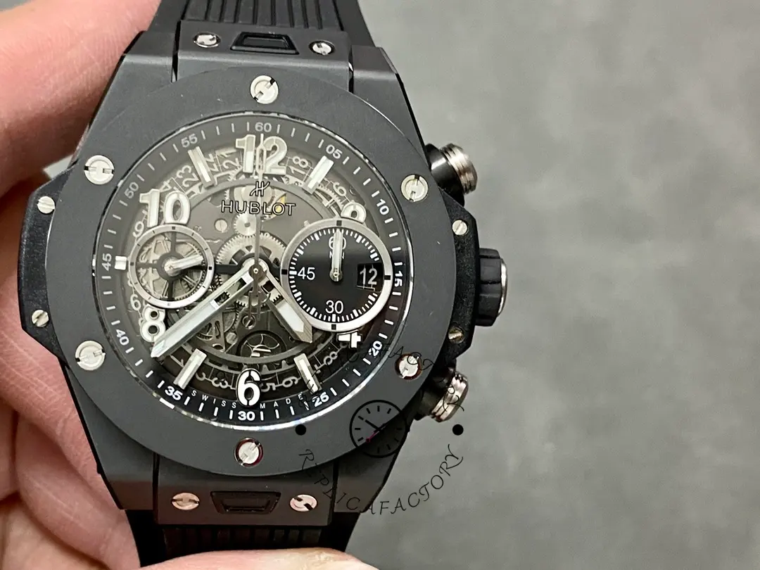 Front view of Hublot Big Bang 421.NL.5170.RX black ceramic case with skeleton dial.