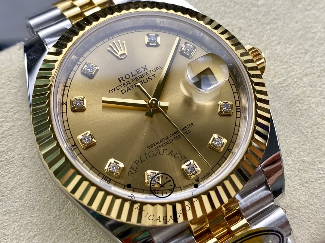 Close-up of Rolex Datejust M126333-0012 focusing on champagne diamond dial and cyclops date window.