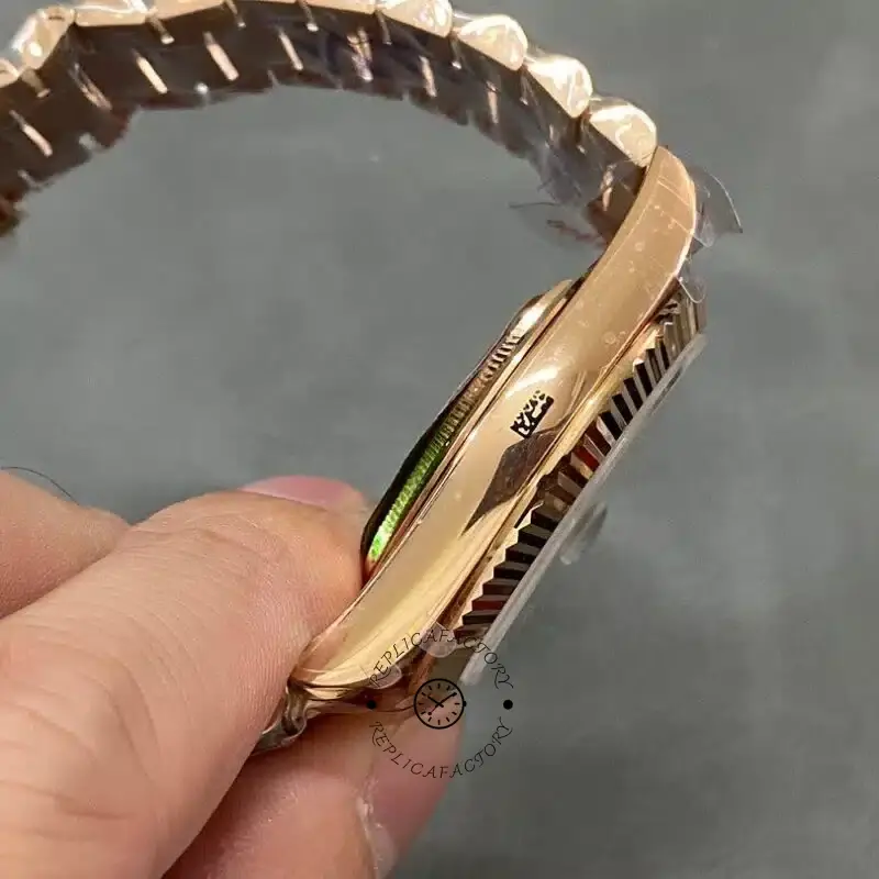 Side profile of Rolex Day-Date 40 M228235-0055 showing the case thickness and curved President bracelet.