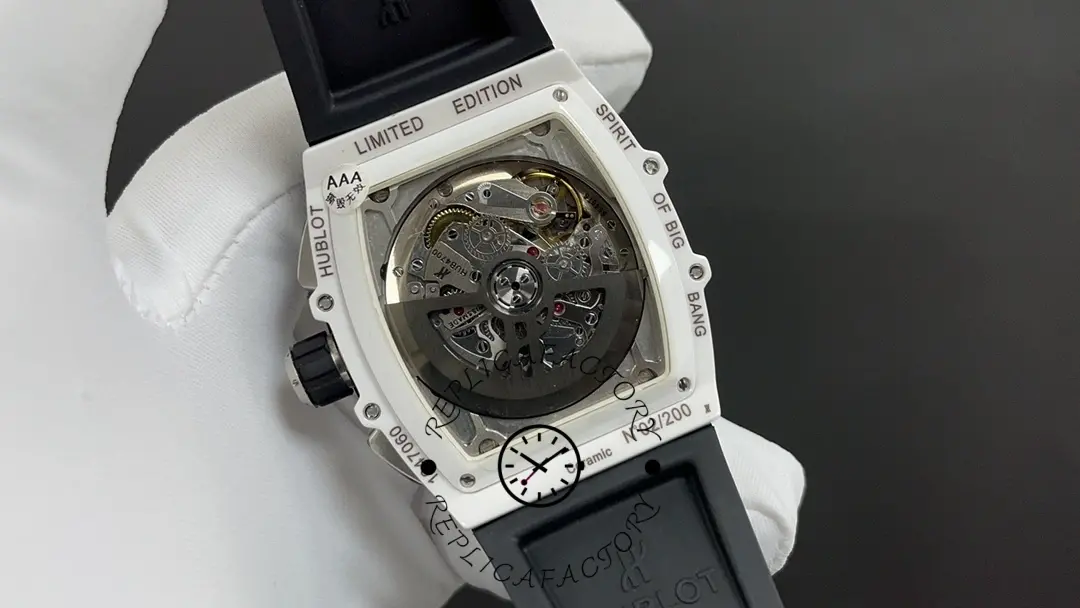 Exhibition caseback of Hublot Spirit of Big Bang 642.HX.0170.RX showing rotor and limited-edition style engravings.