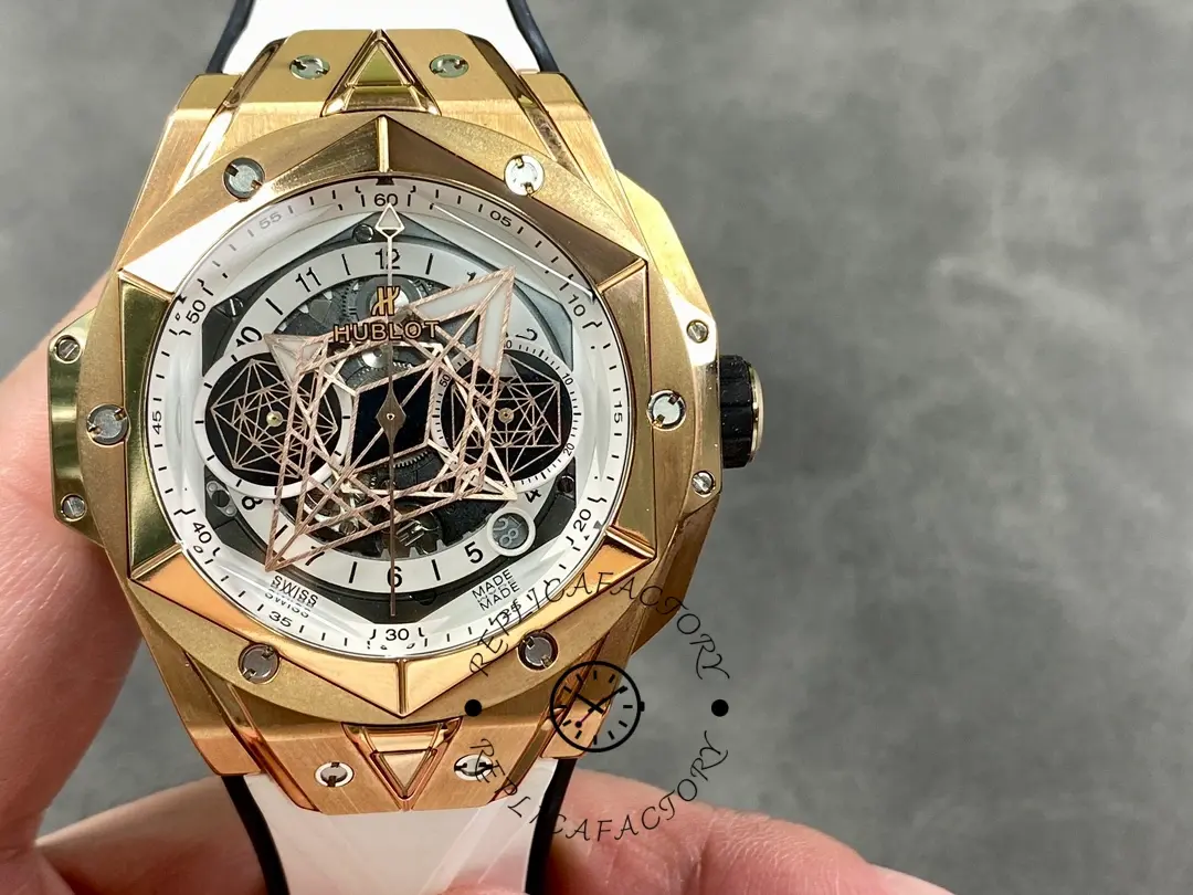 Front view of Hublot 418.OX.2001.RX.MXM20 showing geometric skeleton dial and white rubber strap.