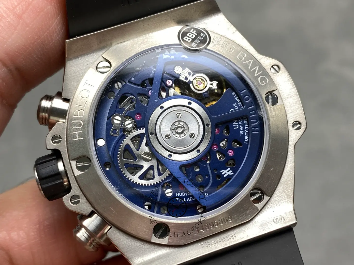 Caseback view of Hublot Big Bang Unico 441.NX.5171.RX showing exhibition back and rotor.