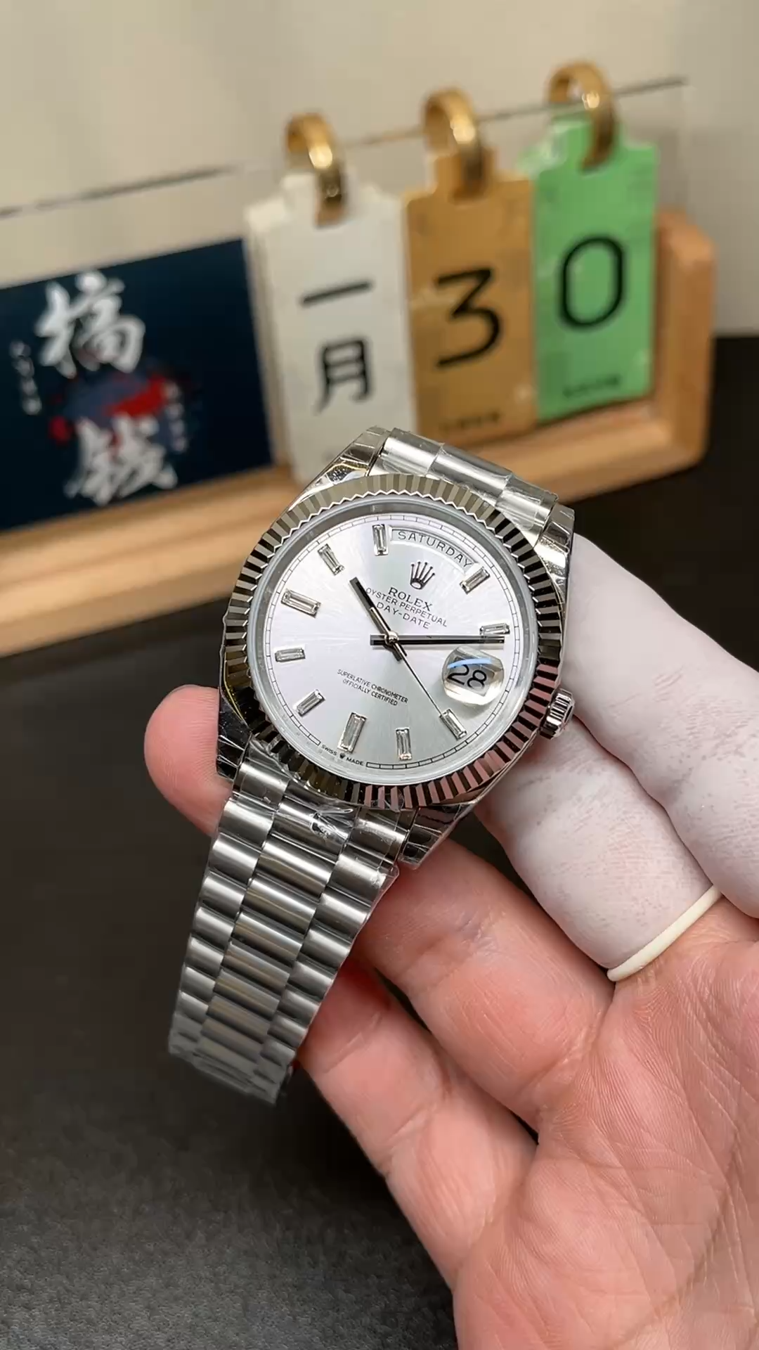 Rolex Day-Date 228239 Silver Baguette Diamond Dial Fluted Bezel 40mm Mens Replica Watch - Video