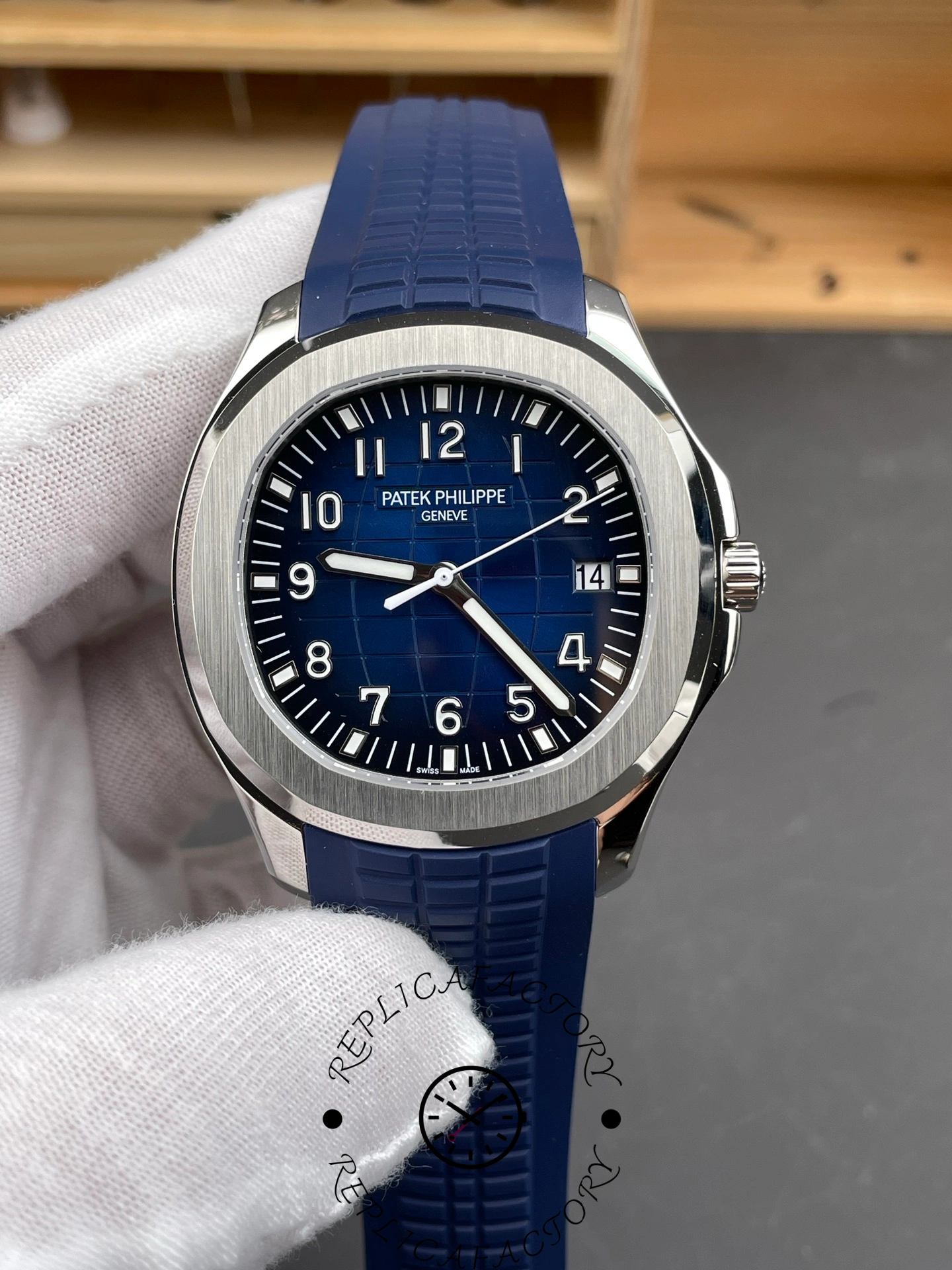 Close front view of Patek Philippe 5168G-001 1:1 clone highlighting date window and luminous hands.