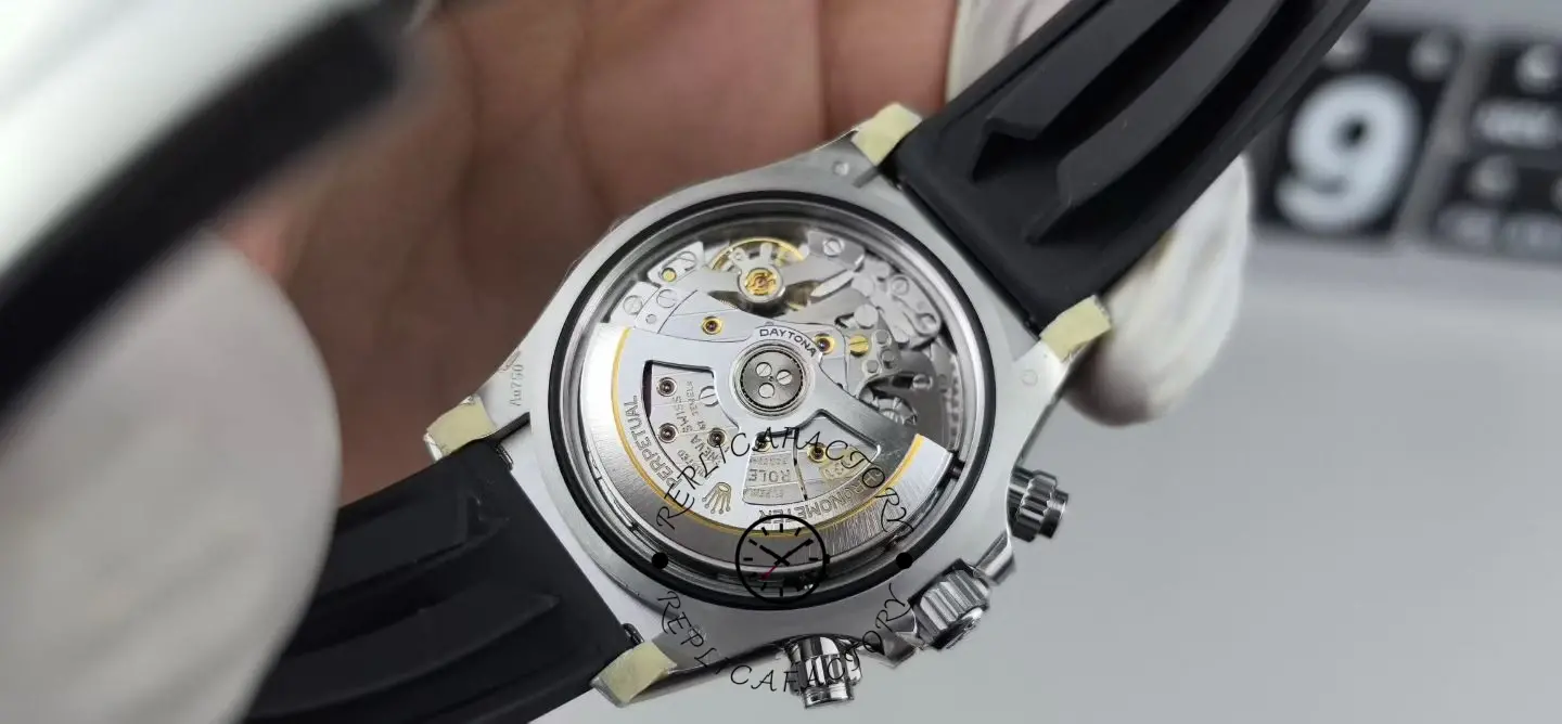 Movement view of Rolex Daytona 126519LN-0004 showing automatic chronograph rotor and inner movement details.