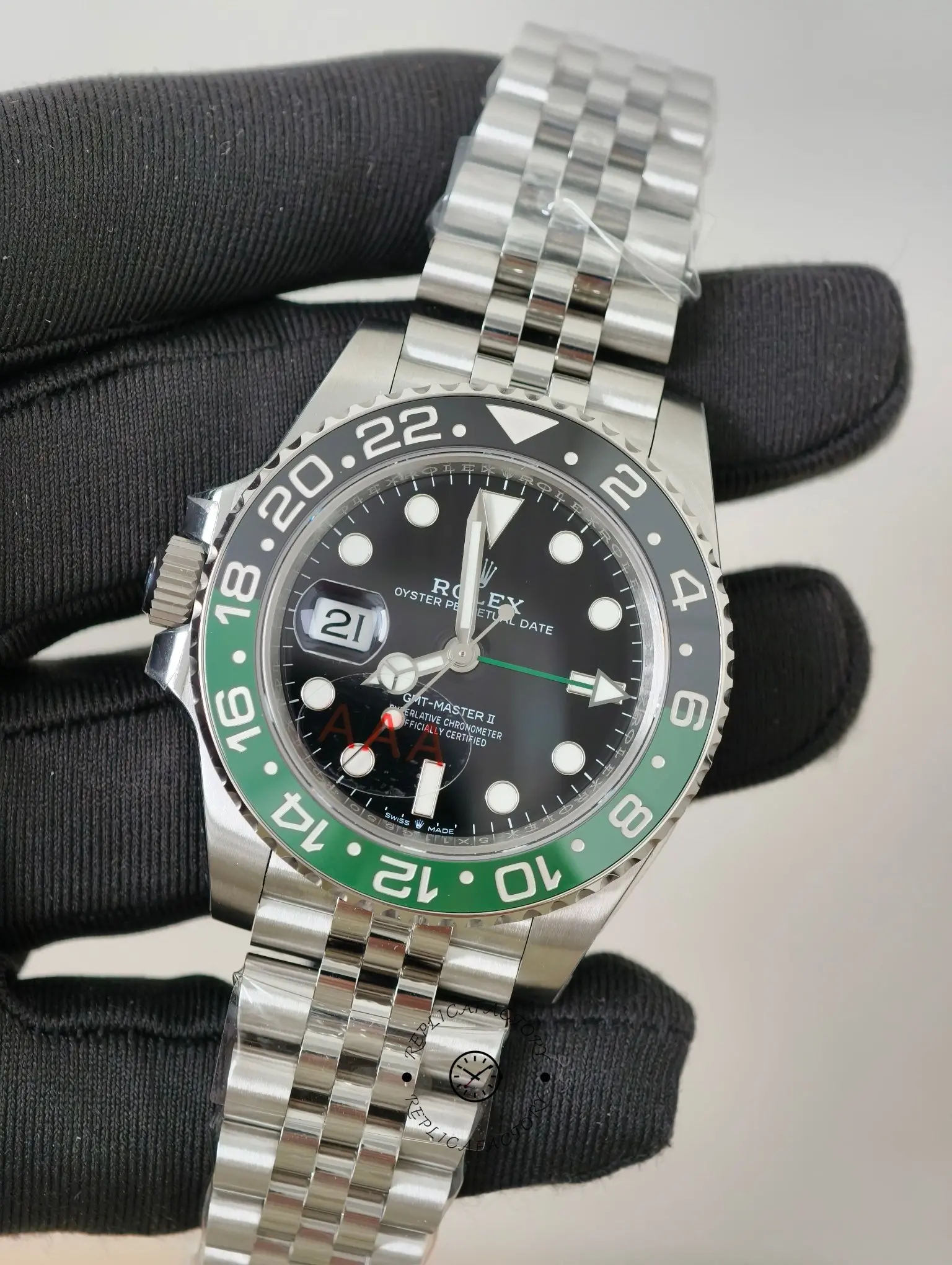 Front three-quarter view of Rolex GMT-Master II 126720VTNR with black dial and black-green ceramic-style bezel.