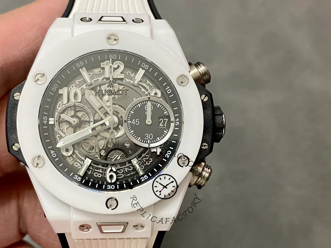 Front view of Hublot Big Bang 421.NL.5170.RX white ceramic bezel and dial details.