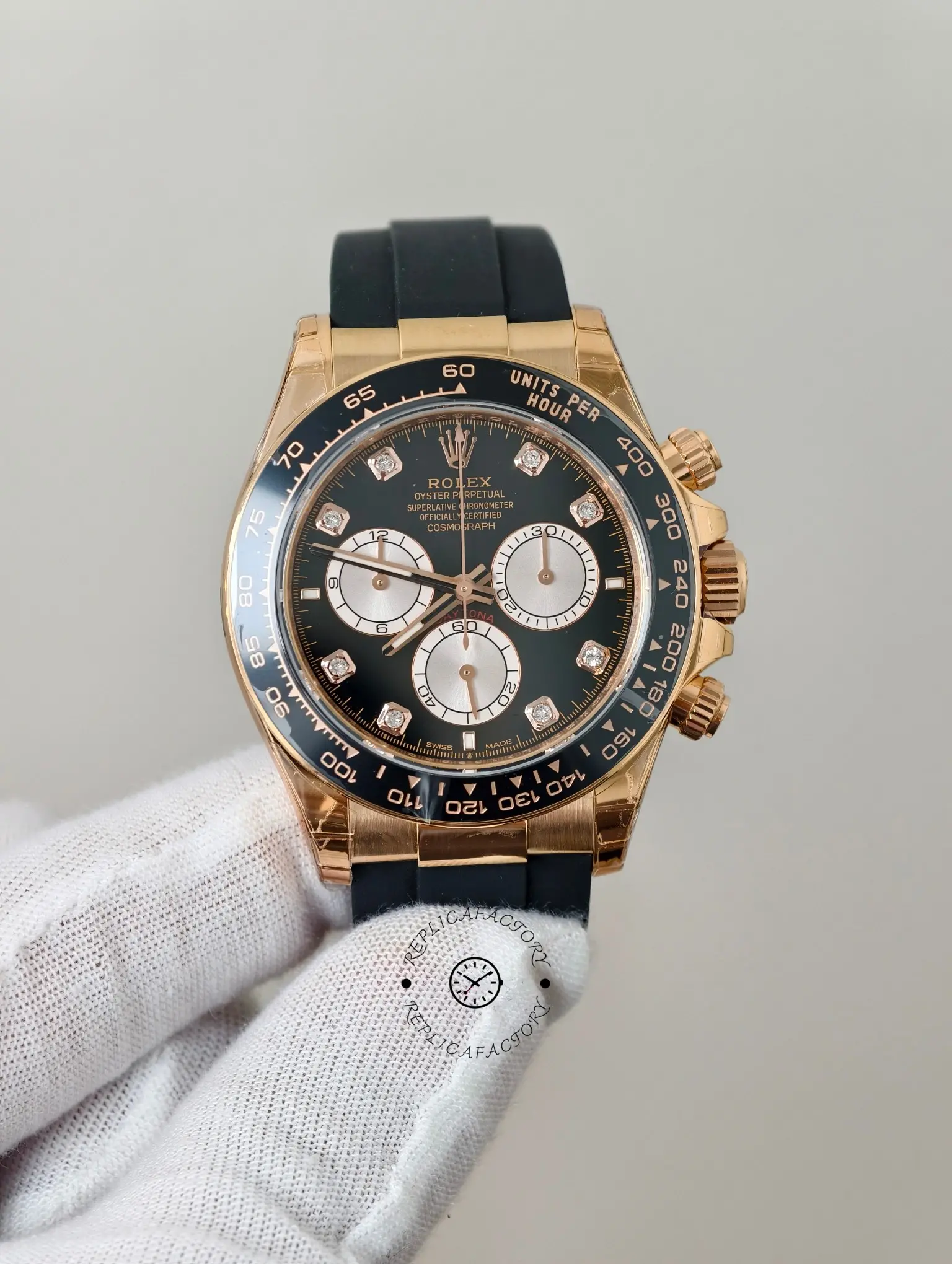 Front view of the Rolex Daytona 126515LN-0004 with black diamond dial, tachymeter bezel, and Oysterflex strap.