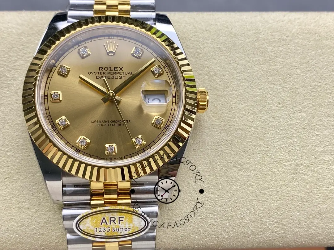 The entire Rolex Datejust M126333-0012 can be seen from the pillow, including the two-tone Jubilee strap and overall proportions.