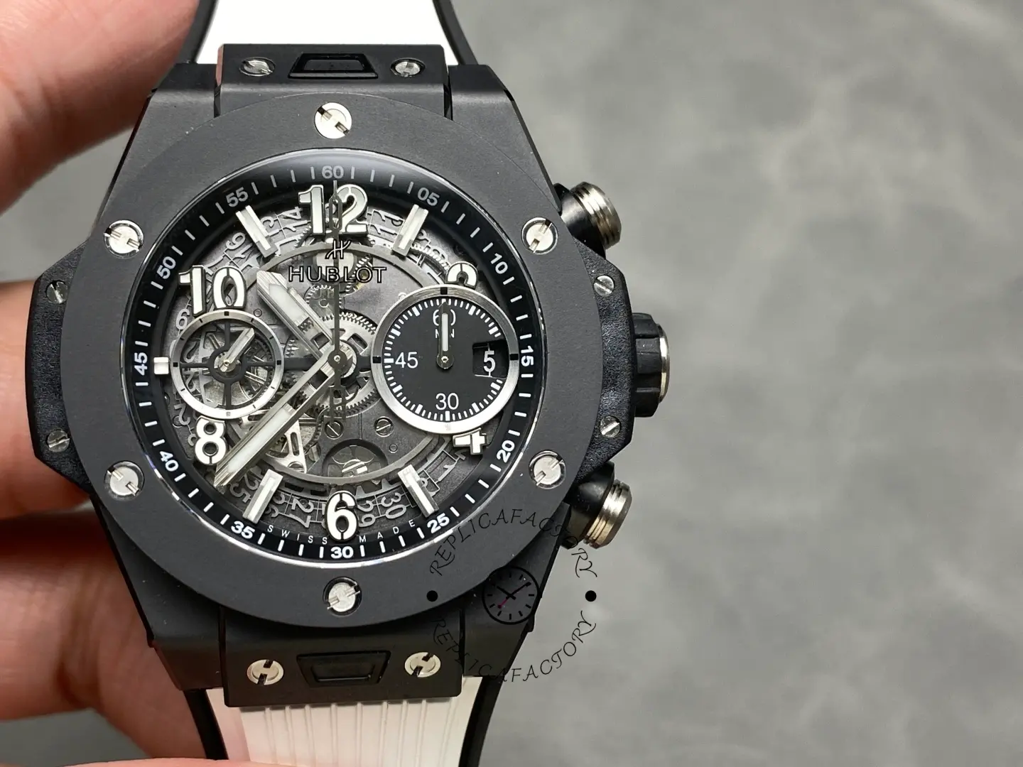 Front view of Hublot Big Bang Unico 441.CI.1171.RX showing skeleton dial and black bezel.