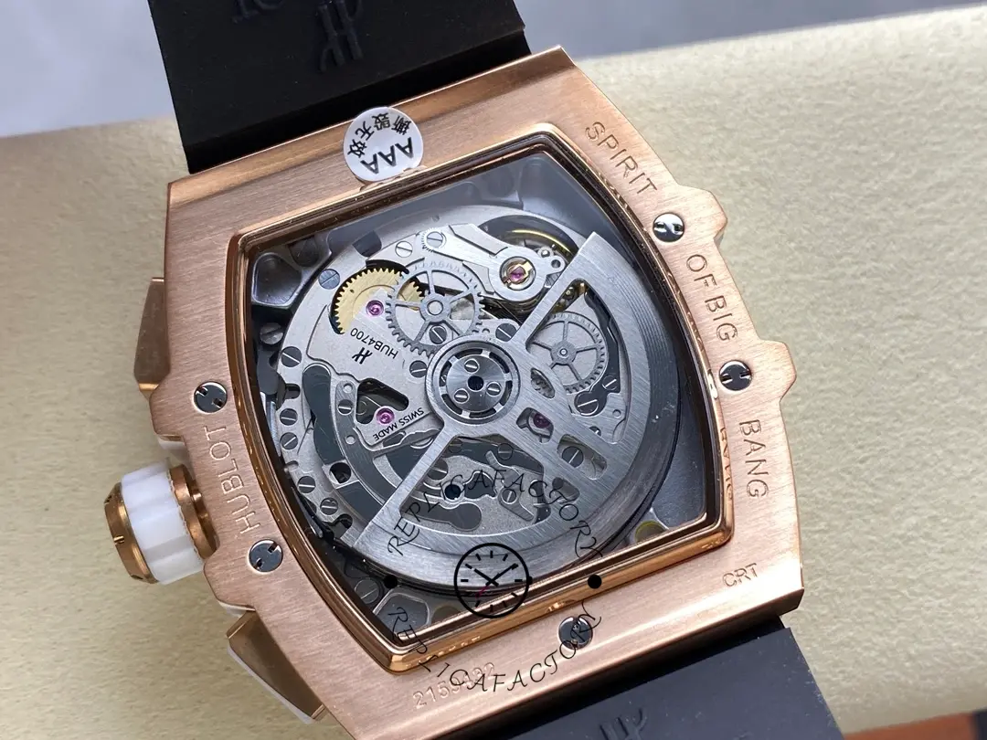 Caseback view of Hublot 642.OX.0180.RX.1104 with exhibition window revealing the rotor and movement details.