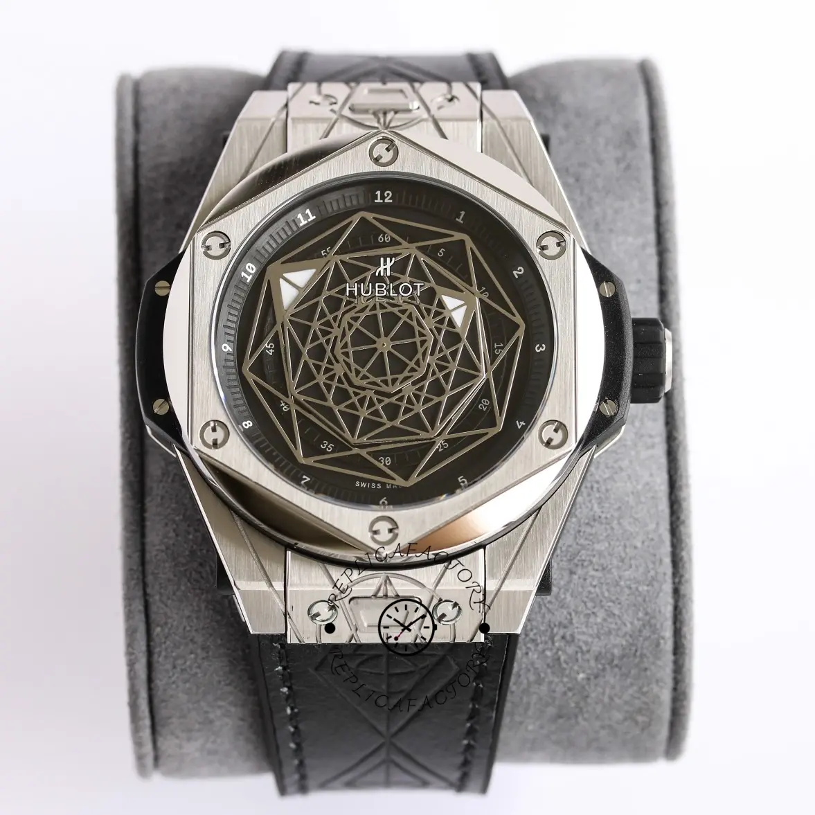 Front view of Hublot Big Bang 415.NX.1112.VR.MXM16 showing the geometric skeleton dial and bezel screws.