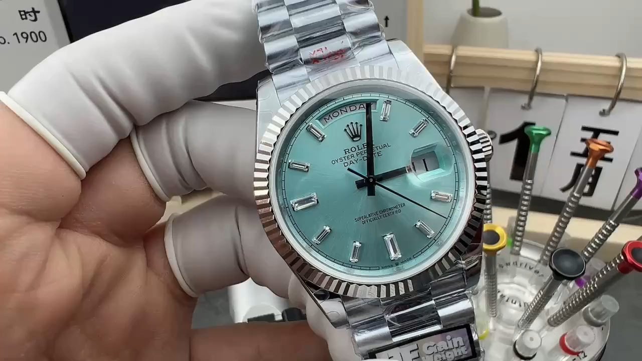 Video of Rolex Day-Date 40 228236-0006 replica showing ice blue dial and diamond-style bezel. - Video