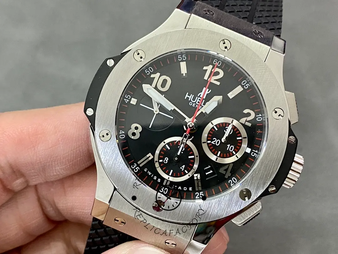 Angled front view of Hublot Big Bang 301.SB.131.RX highlighting bezel screws and red chronograph seconds.